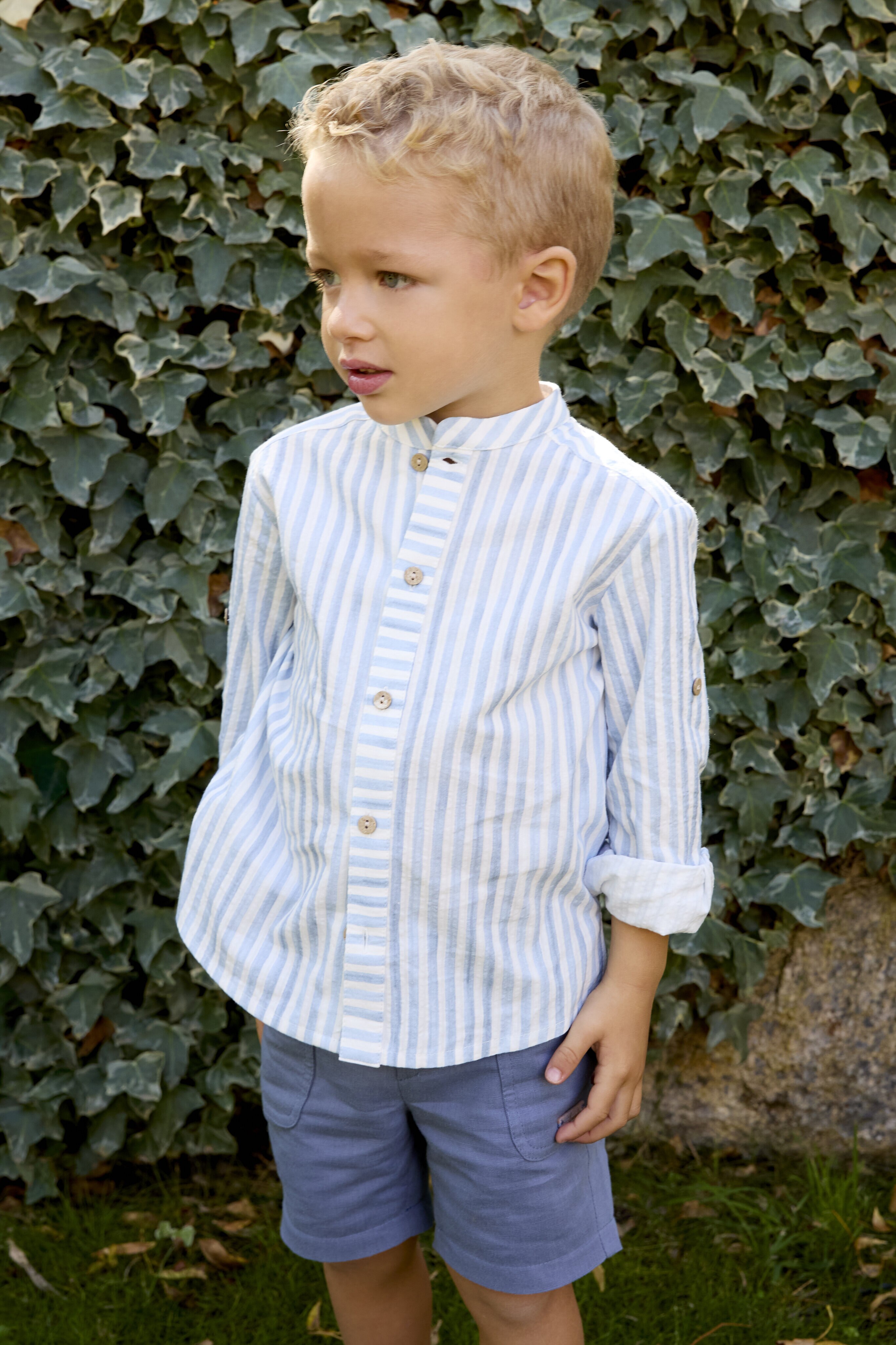 Conjunto Infantil de Camisa Às Riscas e Calças Martín Aranda Azul-celeste-4