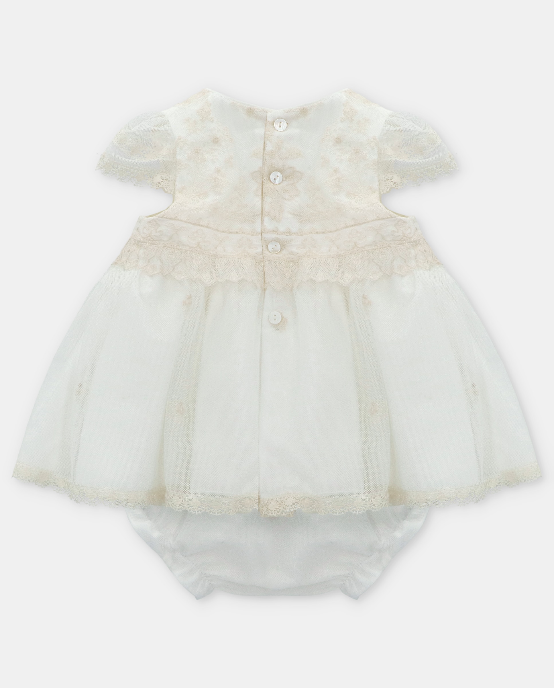 Conjunto para Bebé de Vestido em Tecido e Tule Bordado com Cueca Martín Aranda Natural-2