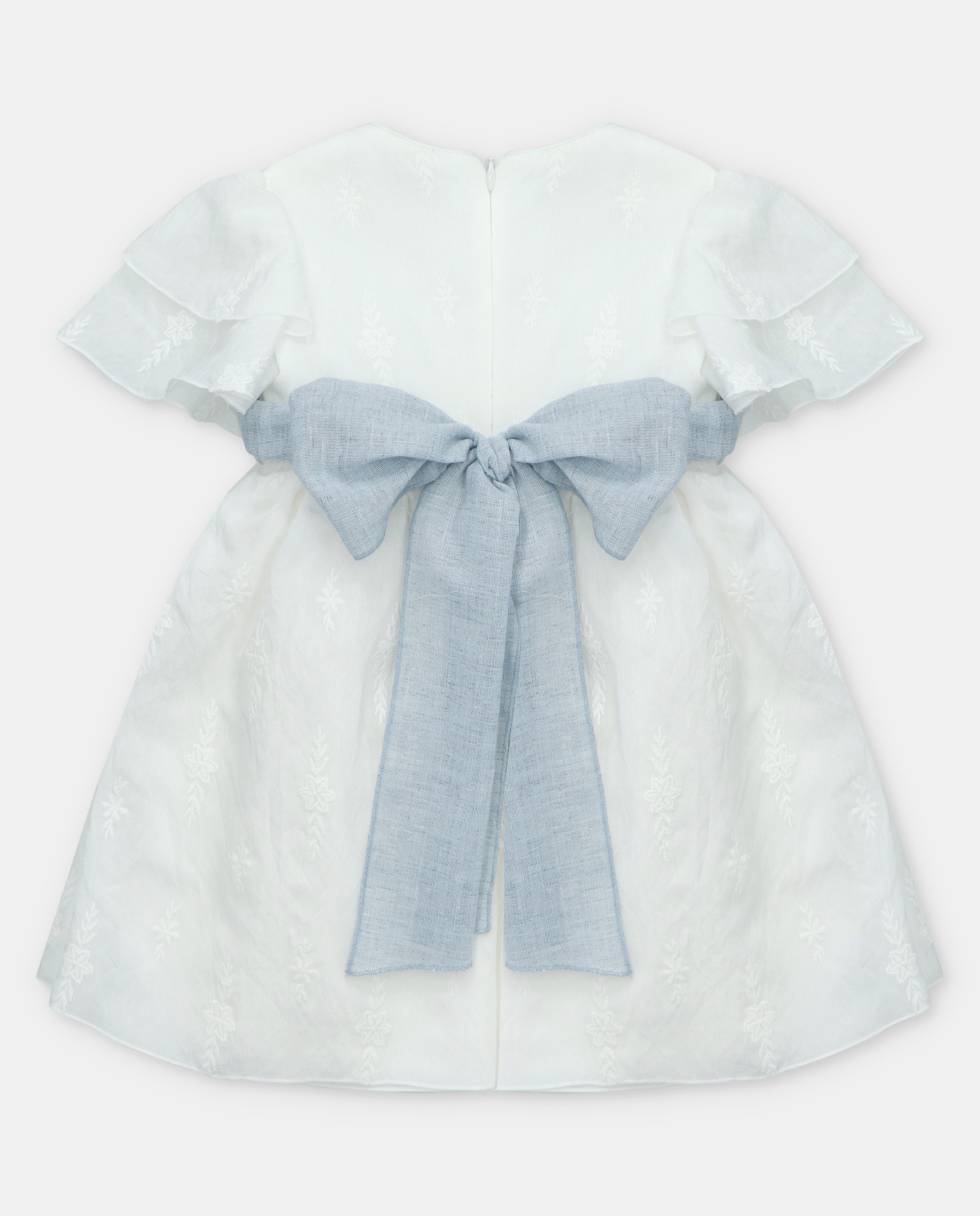 Vestido para Bebé de Tecido Bordado de Fantasia e Cinto em Contraste Martín Aranda Branco-2