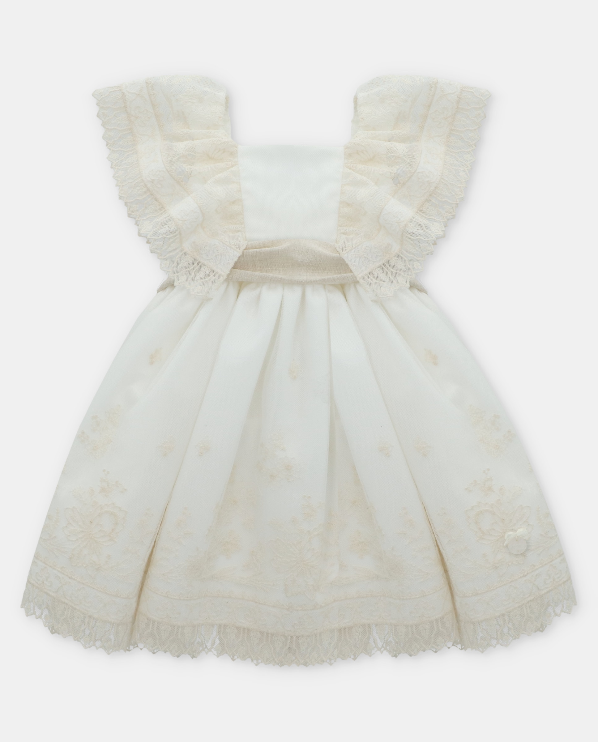 Vestido para Bebé com Tule Bordado com Bodoques e Cinto Martín Aranda Branco-1
