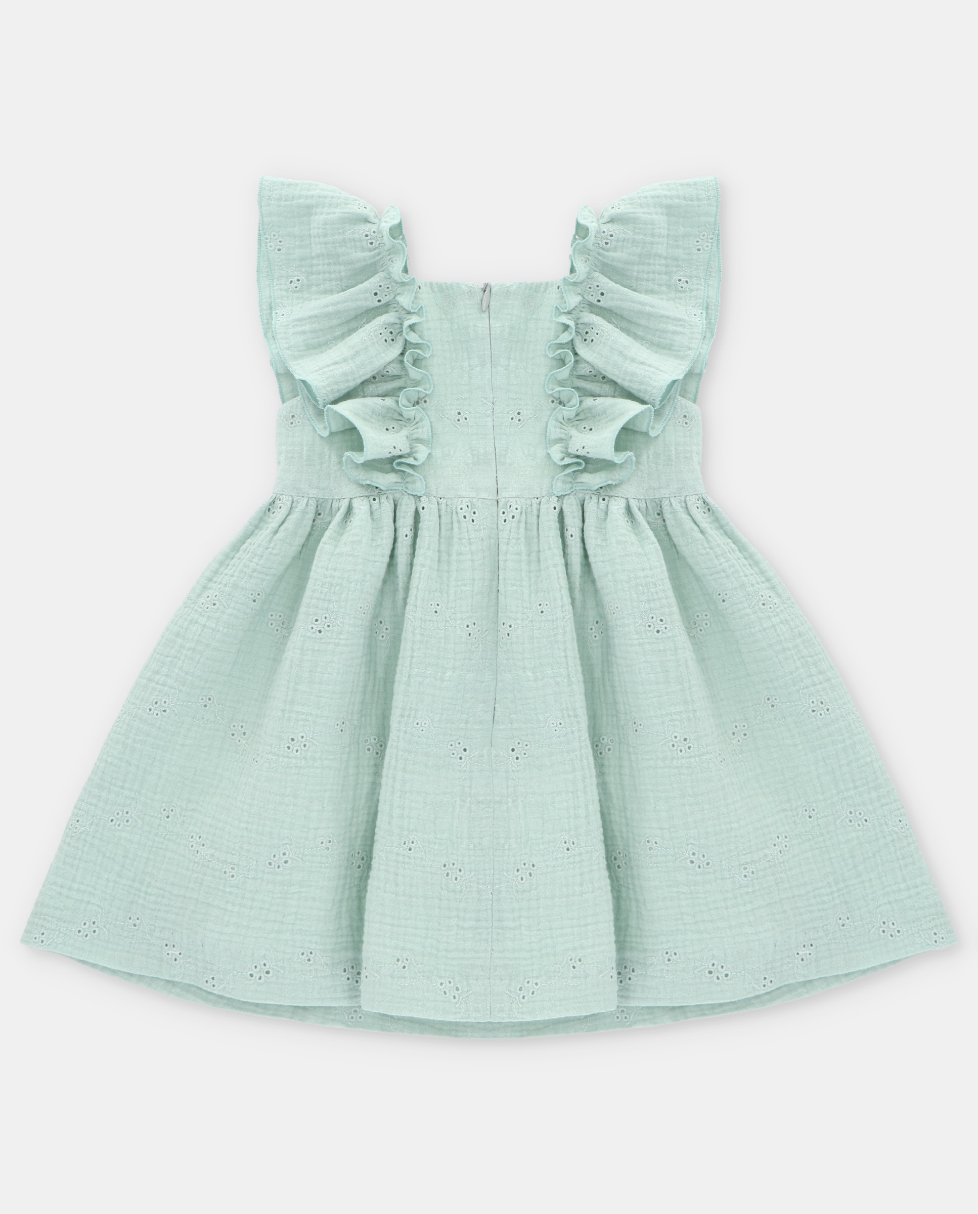 Vestido Infantil com Folhos e Bordados Perfurados Martín Aranda Verde-menta-2
