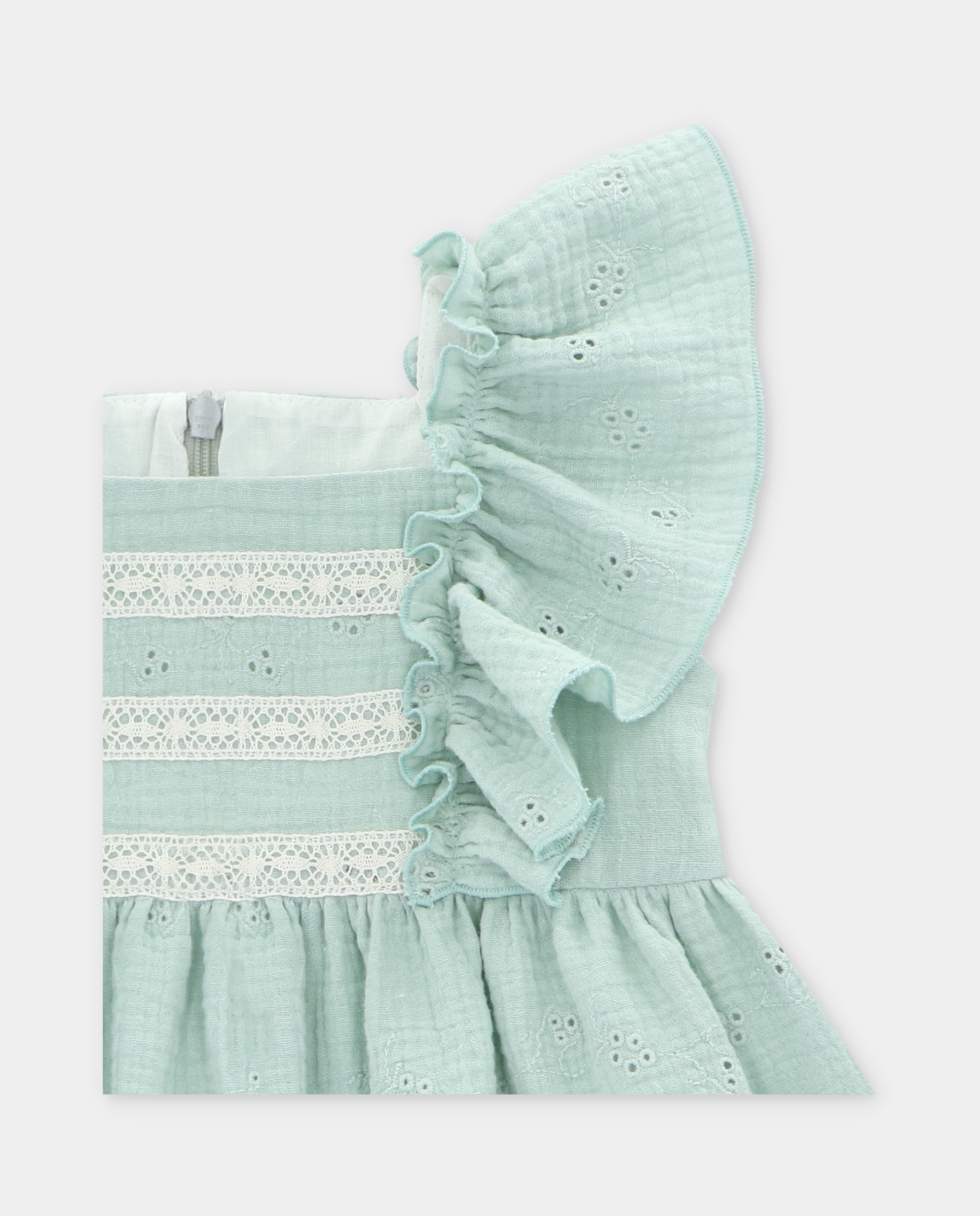 Vestido Infantil com Folhos e Bordados Perfurados Martín Aranda Verde-menta-3