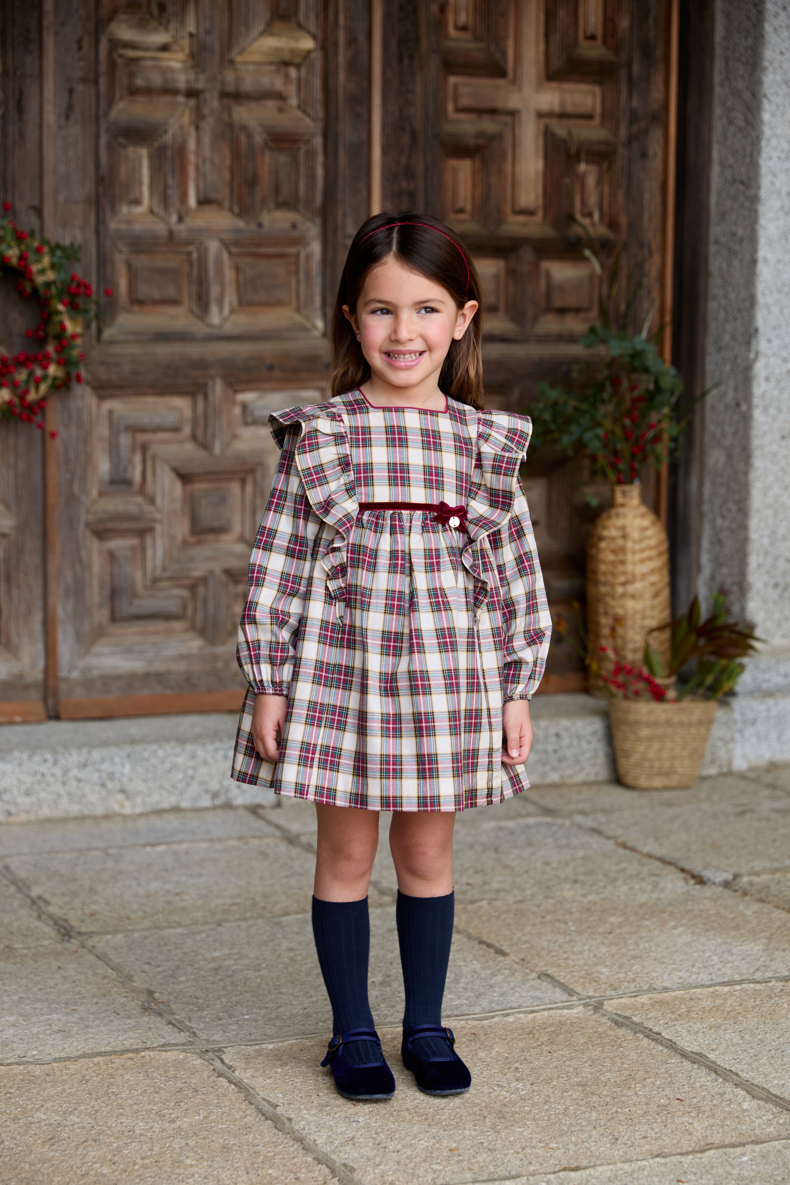 Vestido Infantil de Algodão Estampado Aos Quadrados Bordeaux-4