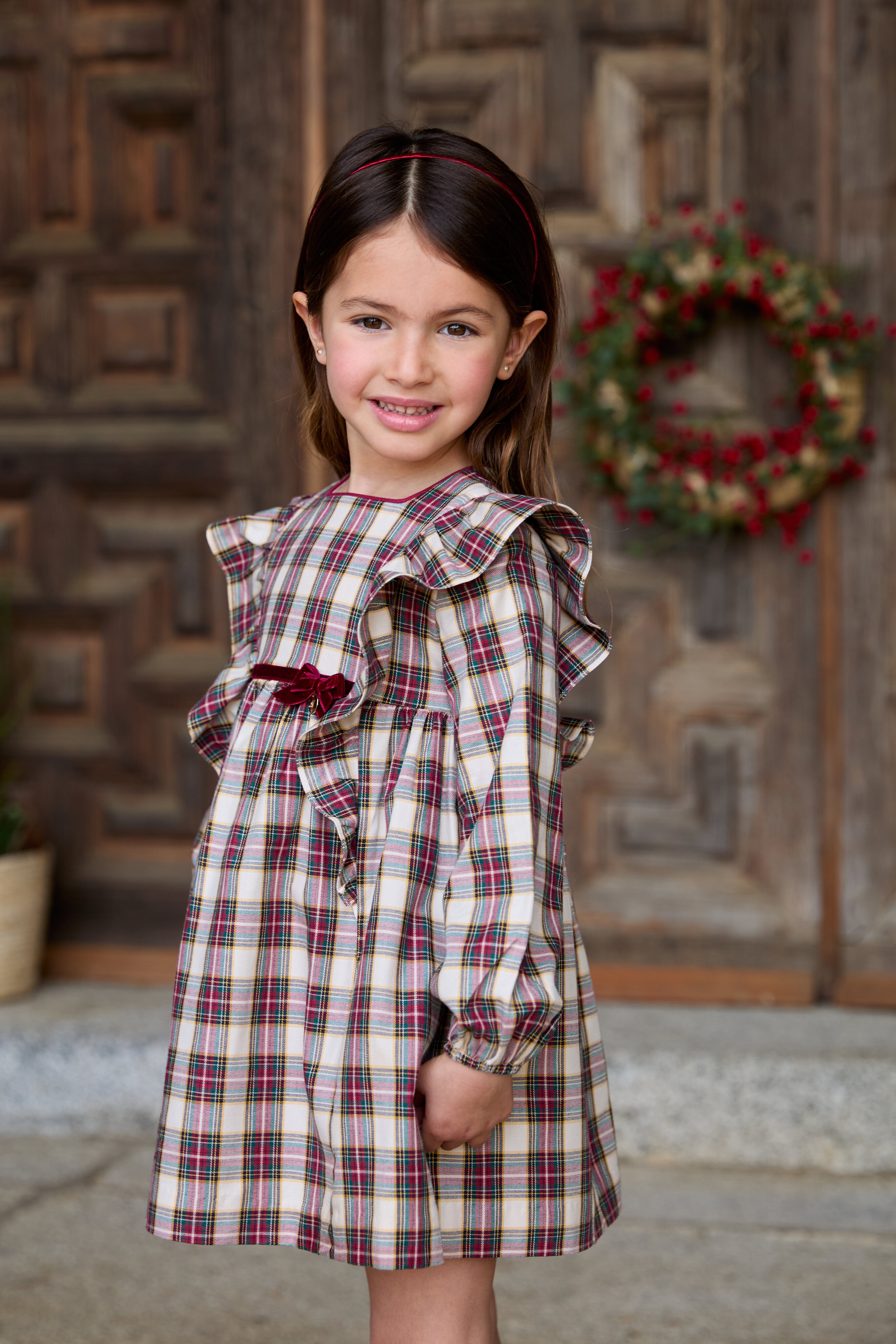 Vestido Infantil de Algodão Estampado Aos Quadrados Bordeaux-5