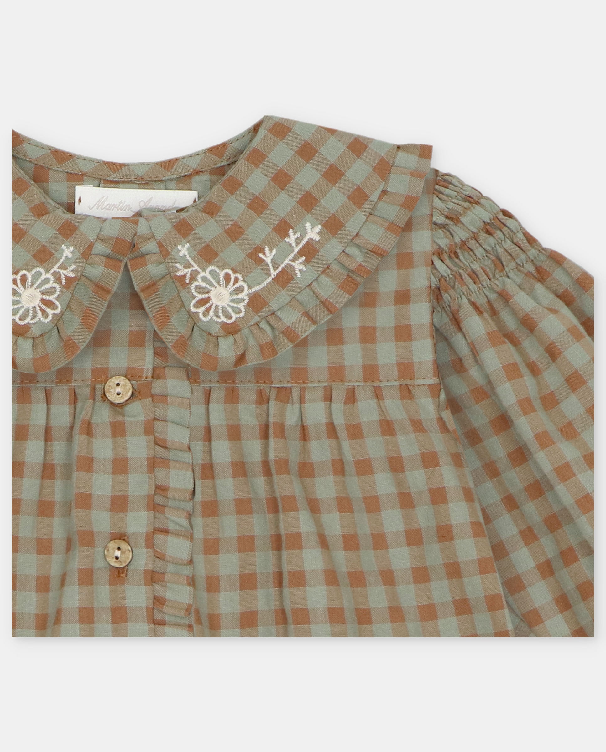 Camisa Infantil de Manga Comprida Microestampada Aos Quadrados com Gola com Desenho Bordado Castanho-3