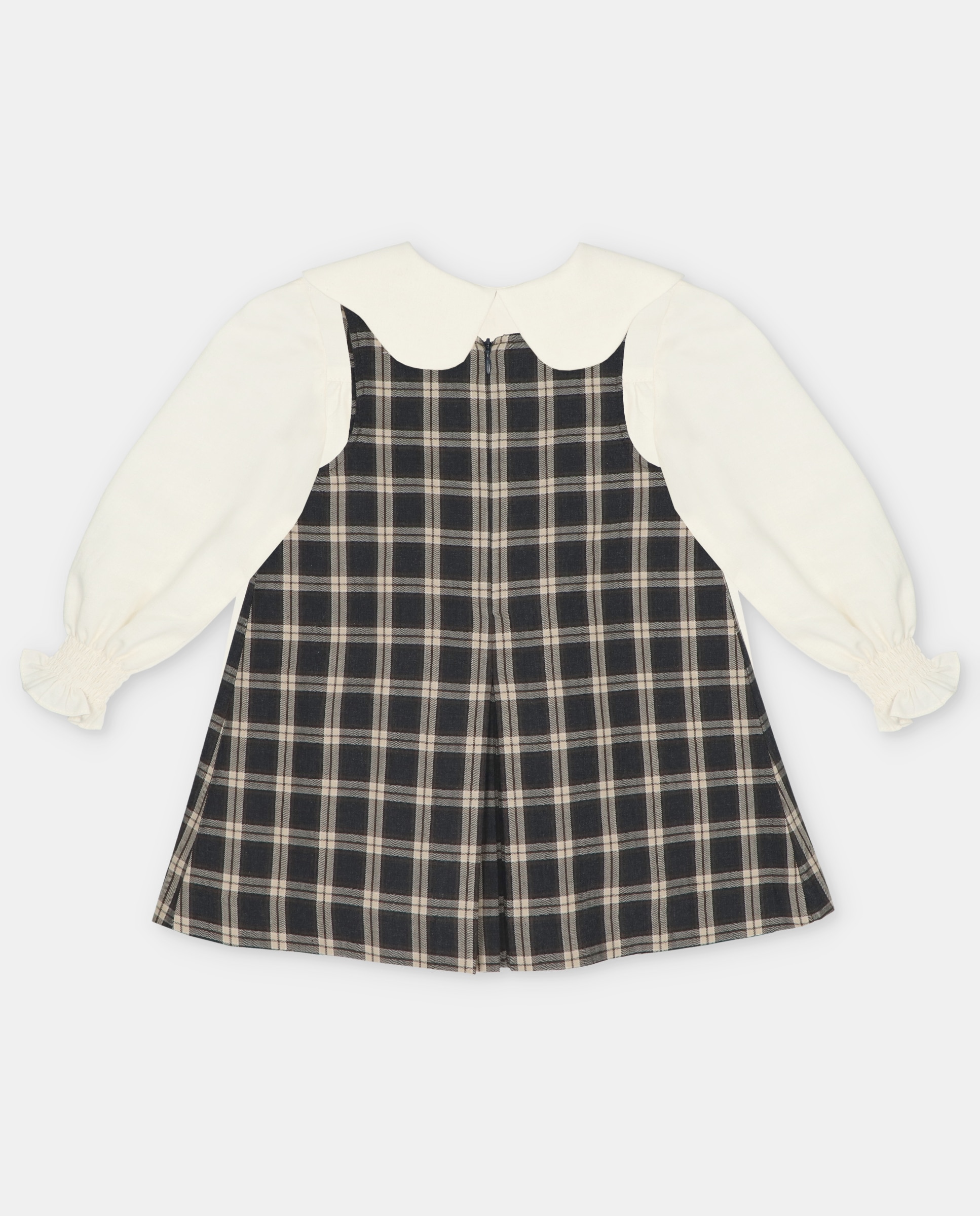 Conjunto Infantil de Camisa de Algodão e Jardineira Estampada Aos Quadrados Castanho-escuro-2