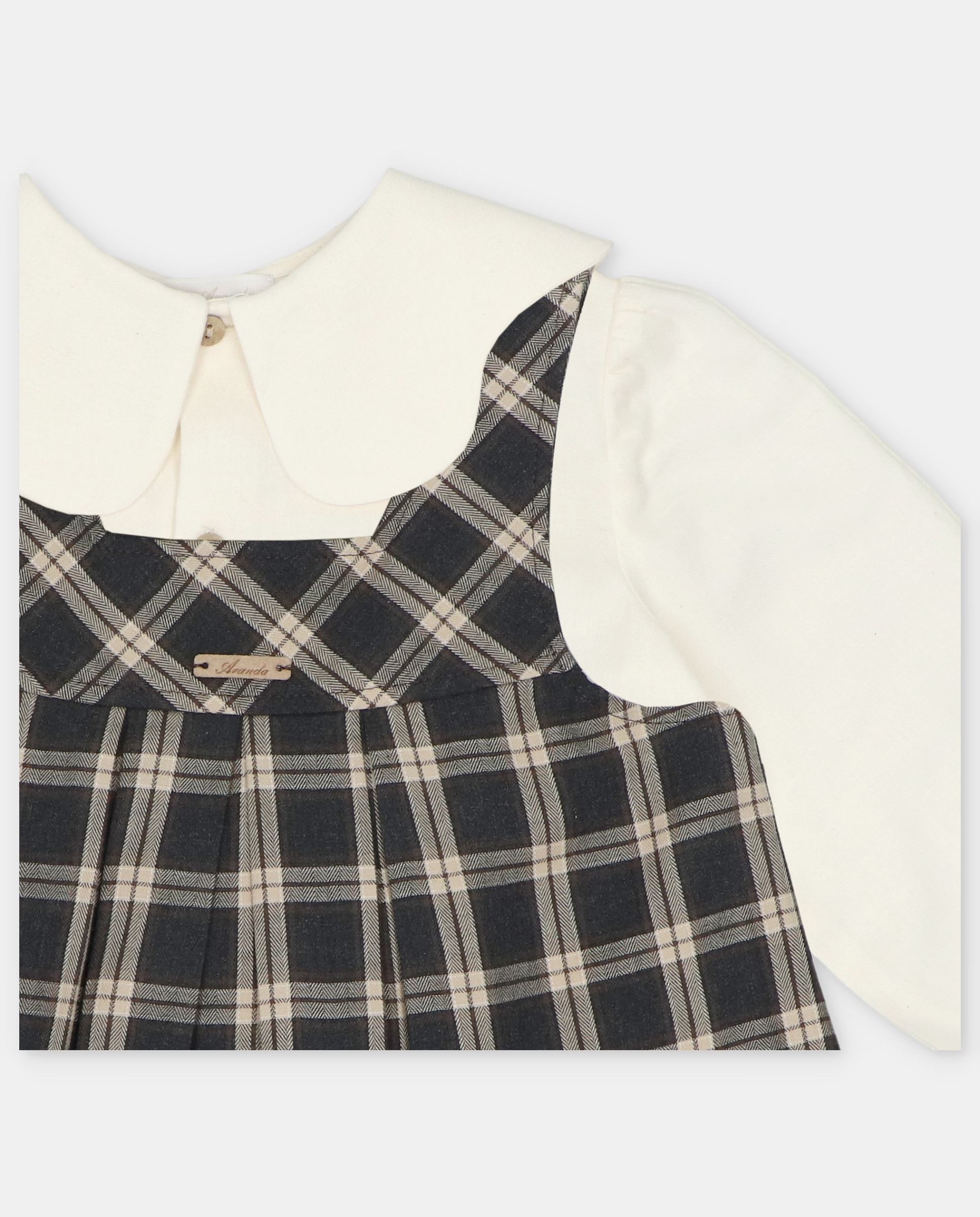 Conjunto Infantil de Camisa de Algodão e Jardineira Estampada Aos Quadrados Castanho-escuro-3