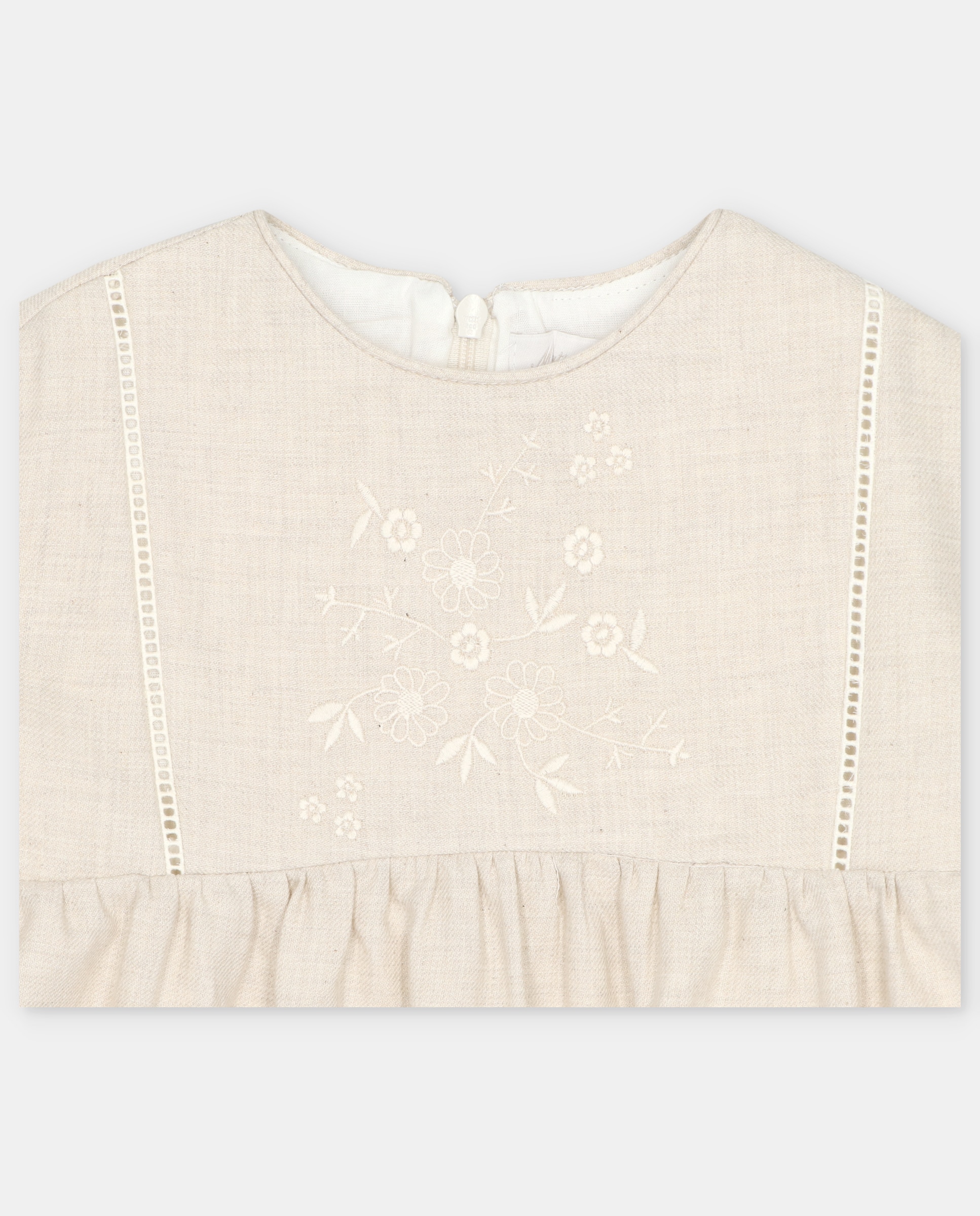 Vestido Infantil de Algodão com Desenho Bordado Areia-3