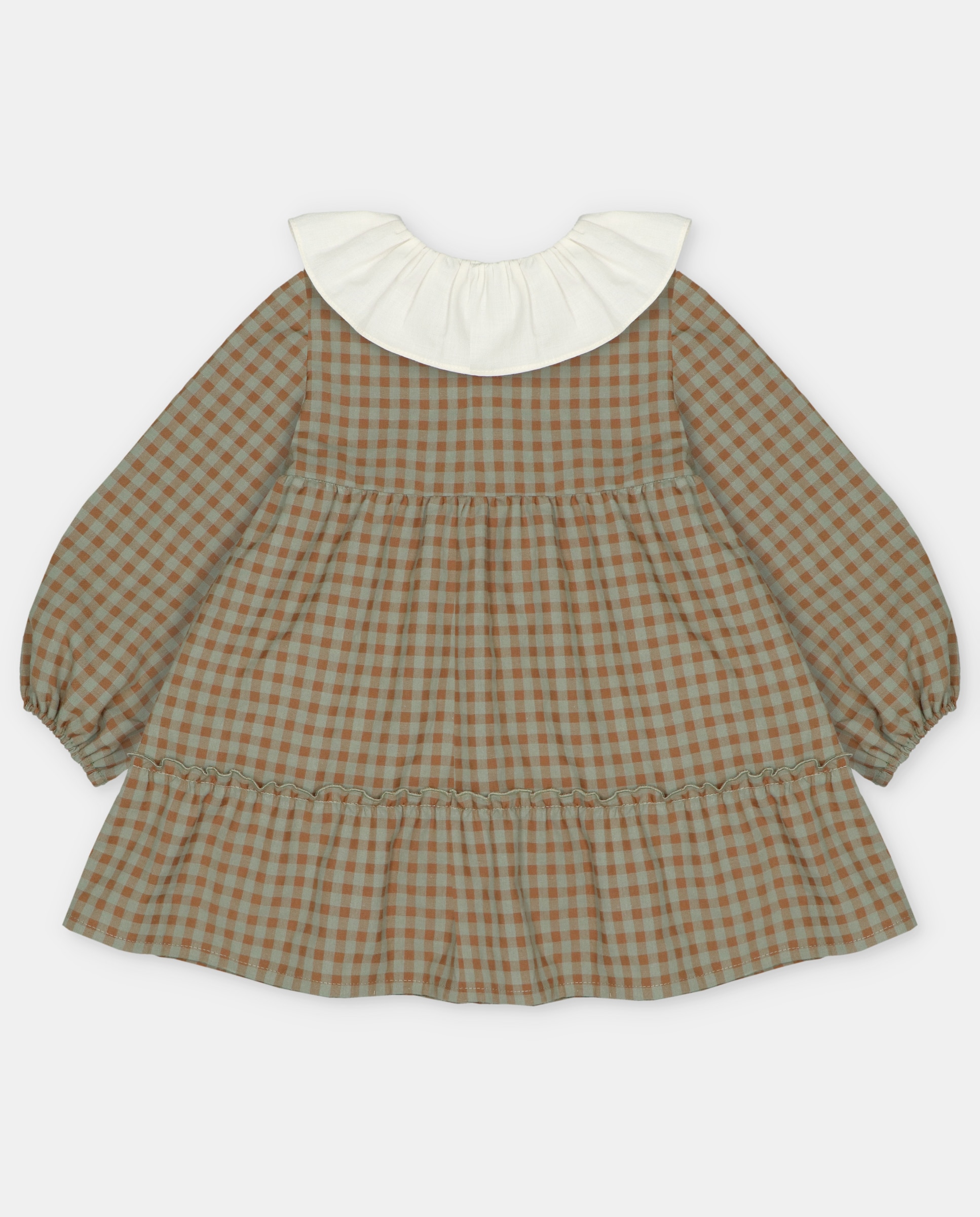 Vestido Infantil de Tecido Microestampado Aos Quadrados Castanho-2