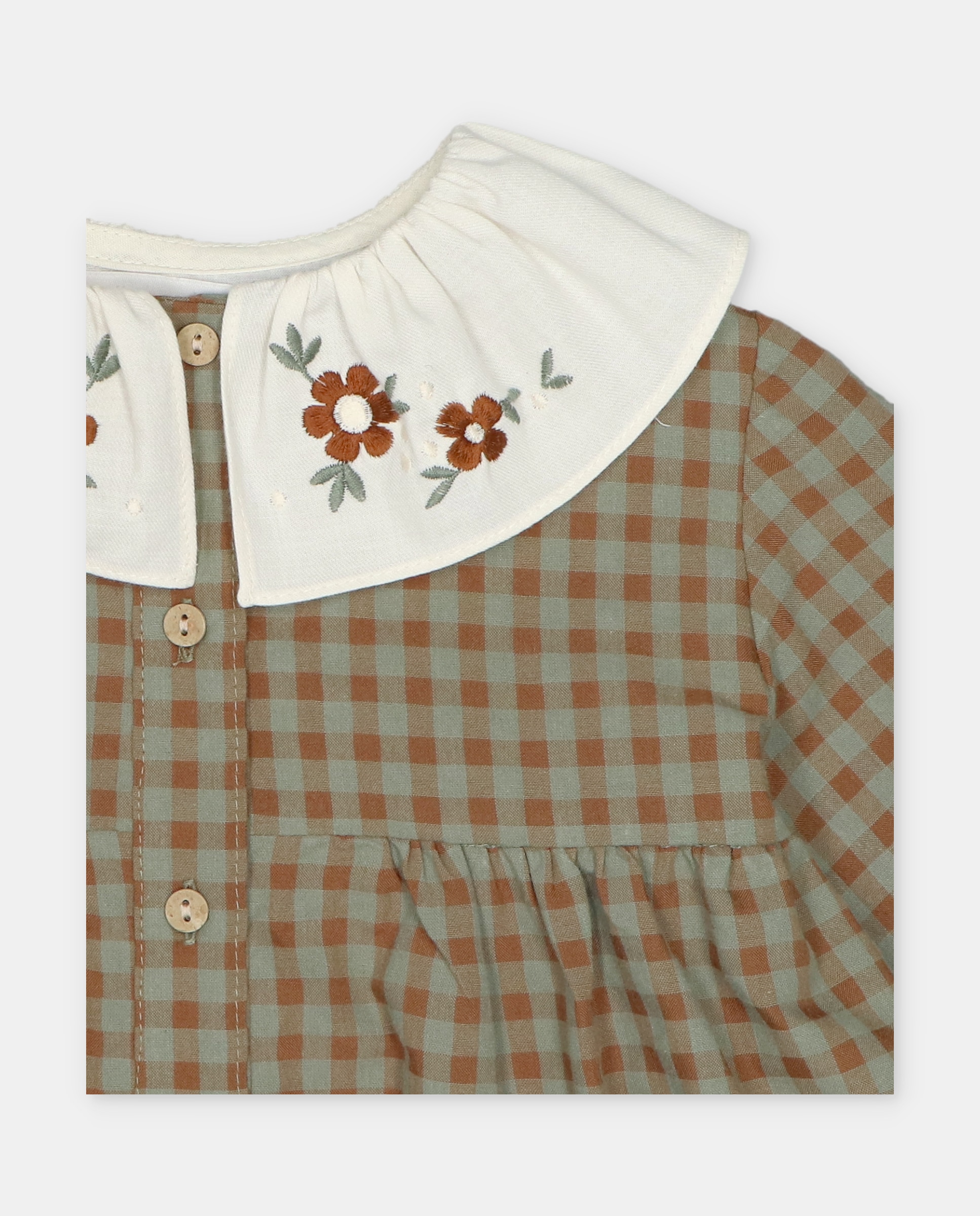 Vestido Infantil de Tecido Microestampado Aos Quadrados Castanho-3