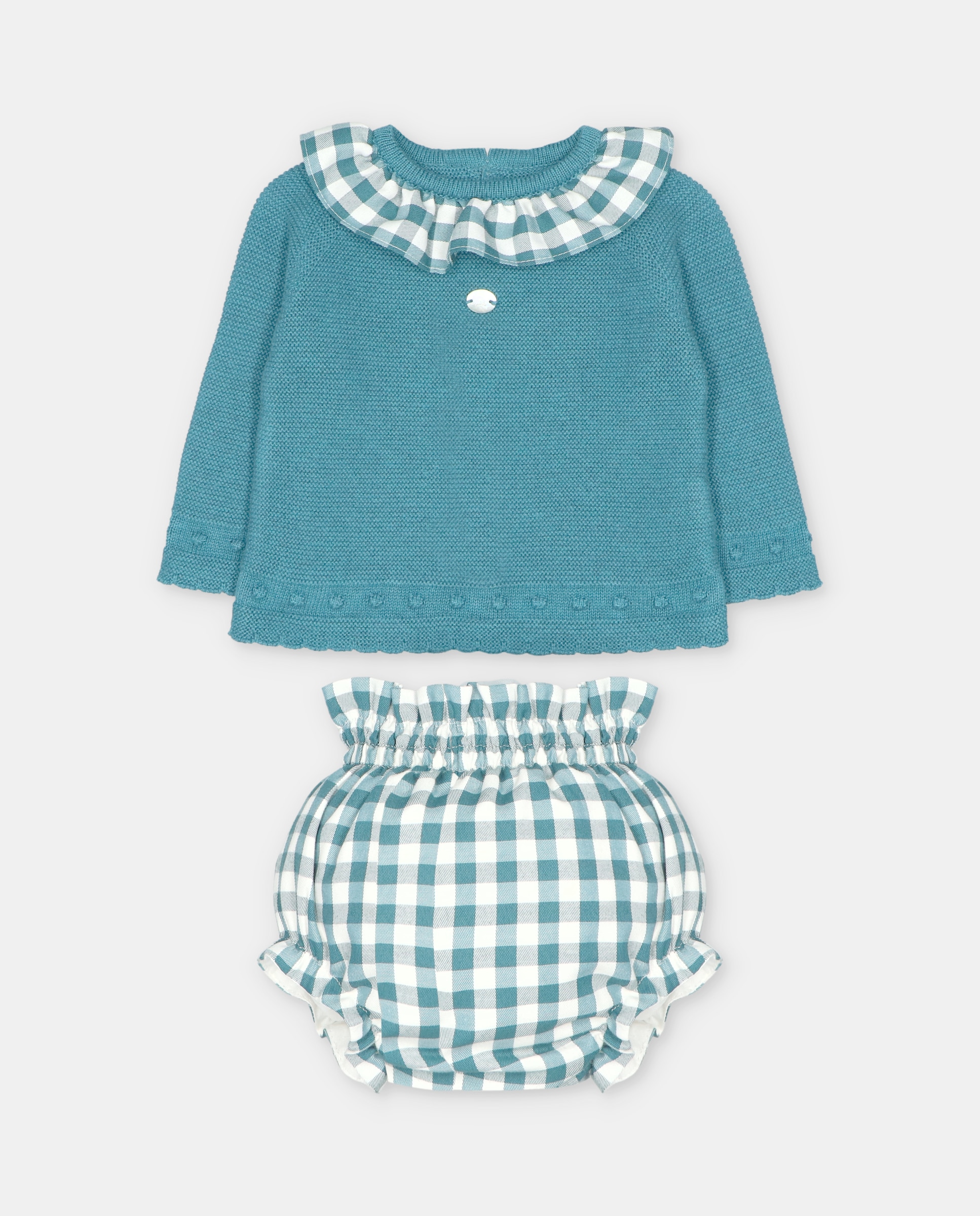 Imagem 0 de Conjunto para Bebé de Camisola com Detalhes Bodoques e Tapa Fraldas com Estampado Aos Quadrados