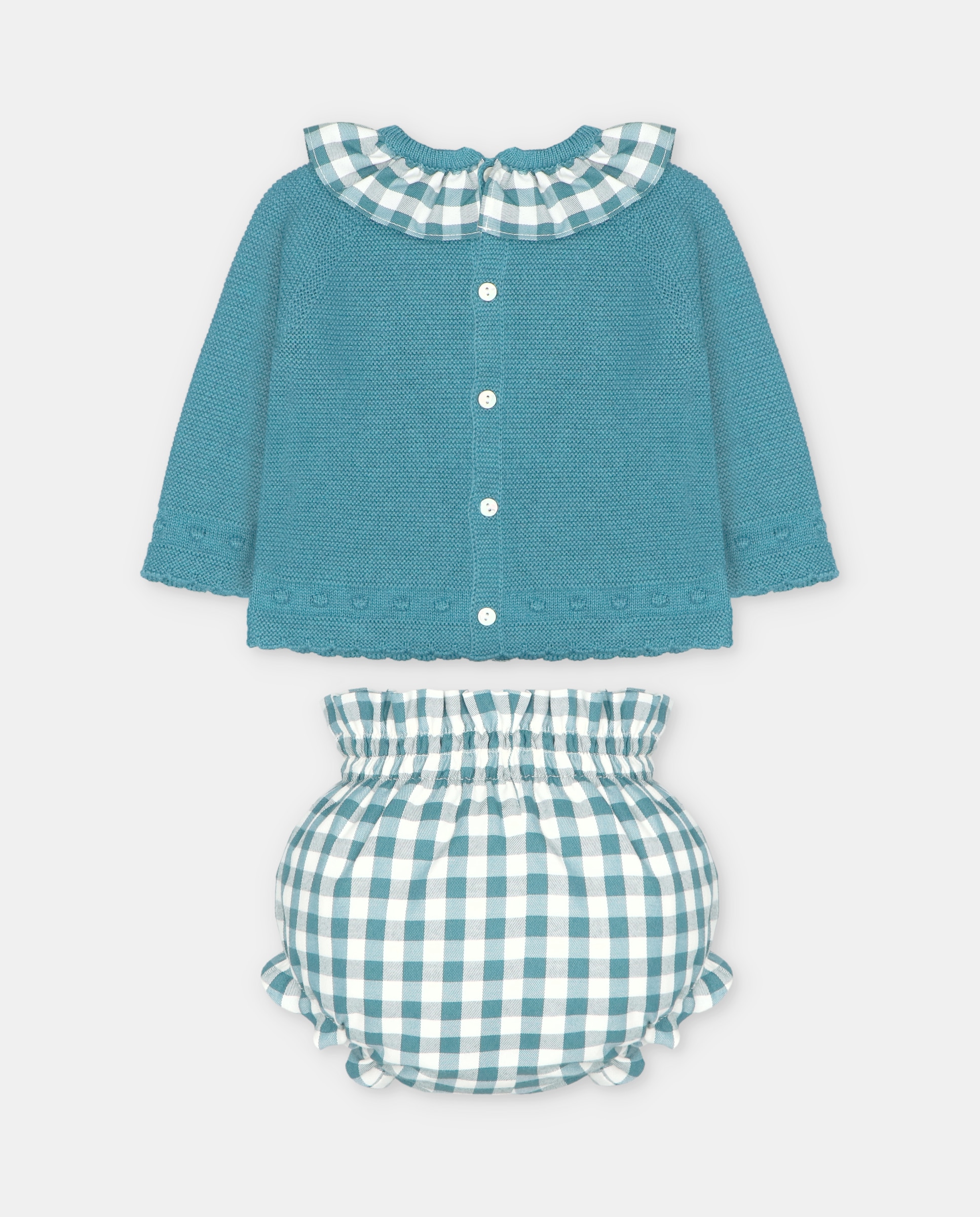 Conjunto para Bebé de Camisola com Detalhes Bodoques e Tapa Fraldas com Estampado Aos Quadrados Verde-azulado-2