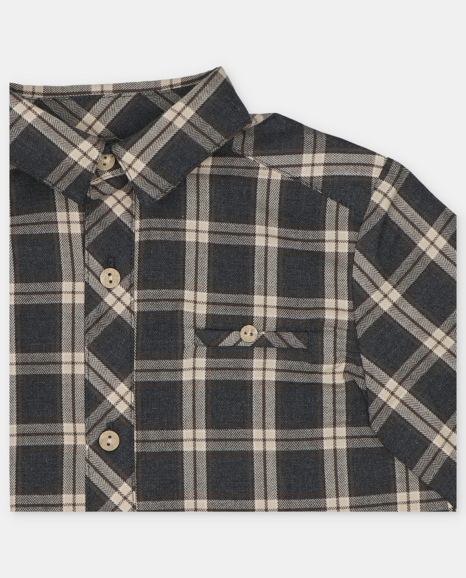 Camisa Infantil de Algodão Estampada Aos Quadrados com Bolso Castanho-escuro-3