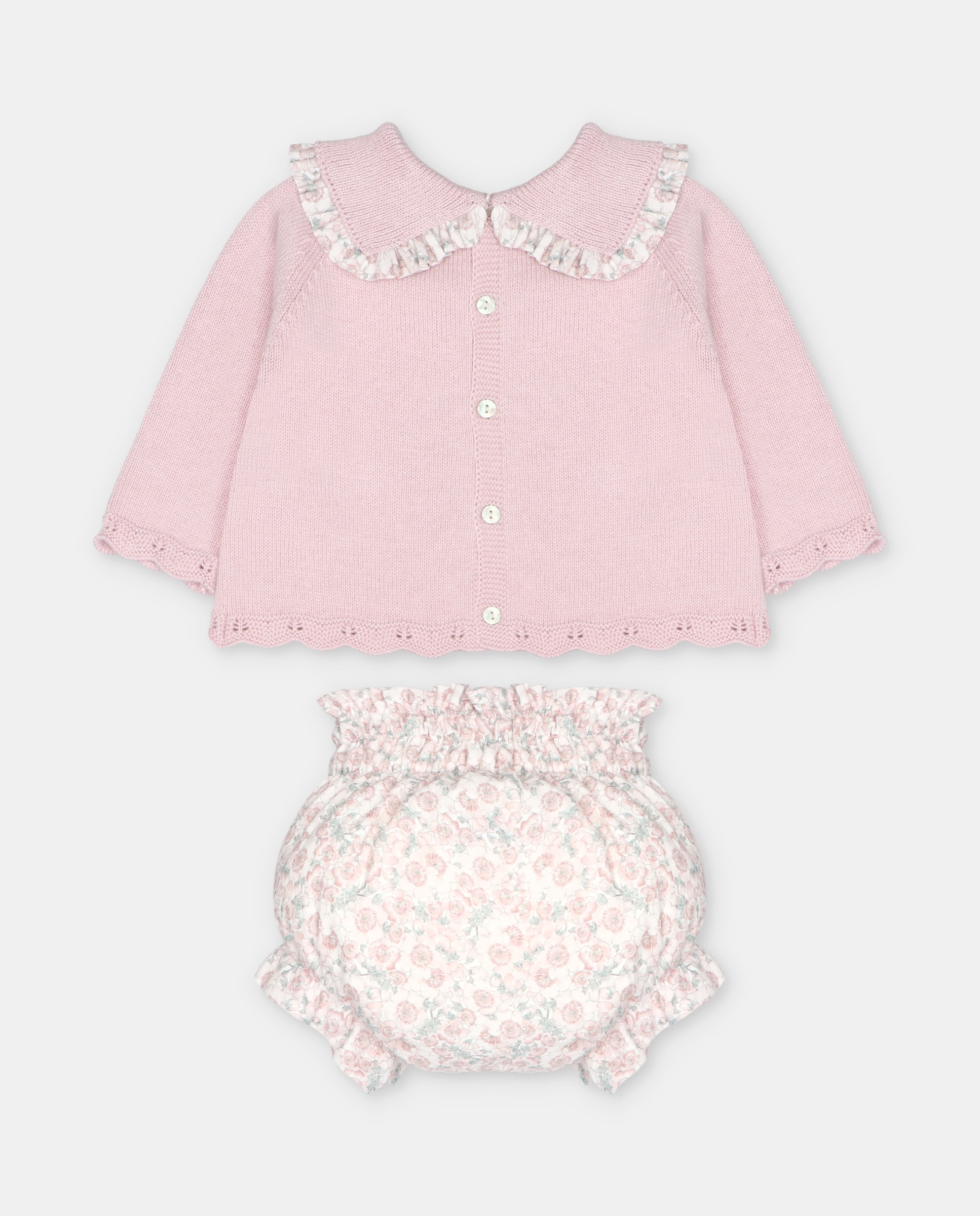 Conjunto para Bebé de Camisola com Detalhes Perfurados e Tapa Fraldas com Estampado de Flores Rosa-claro-2