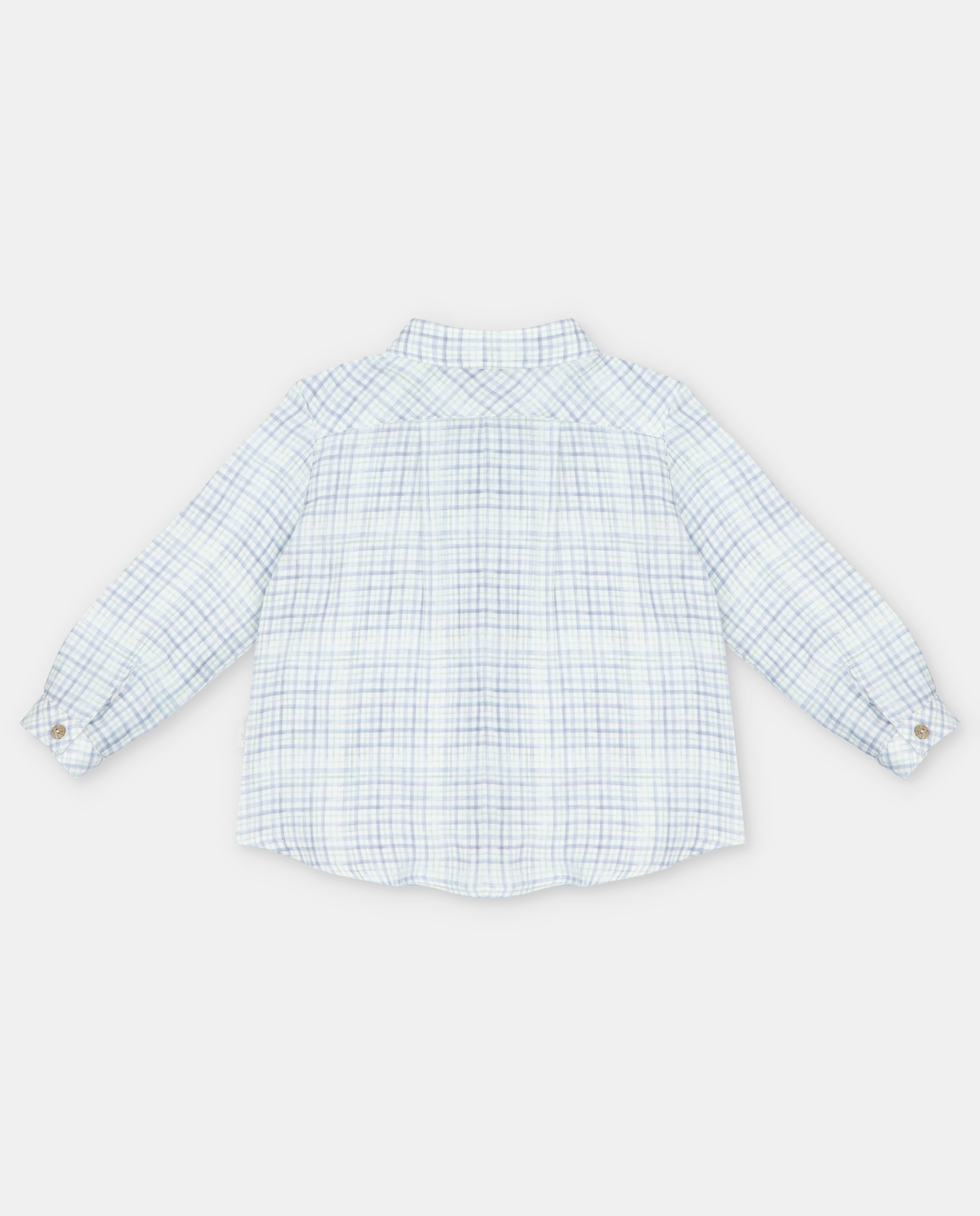 Camisa Infantil de Algodão Microestampada Aos Quadrados com Bolso Azul-2