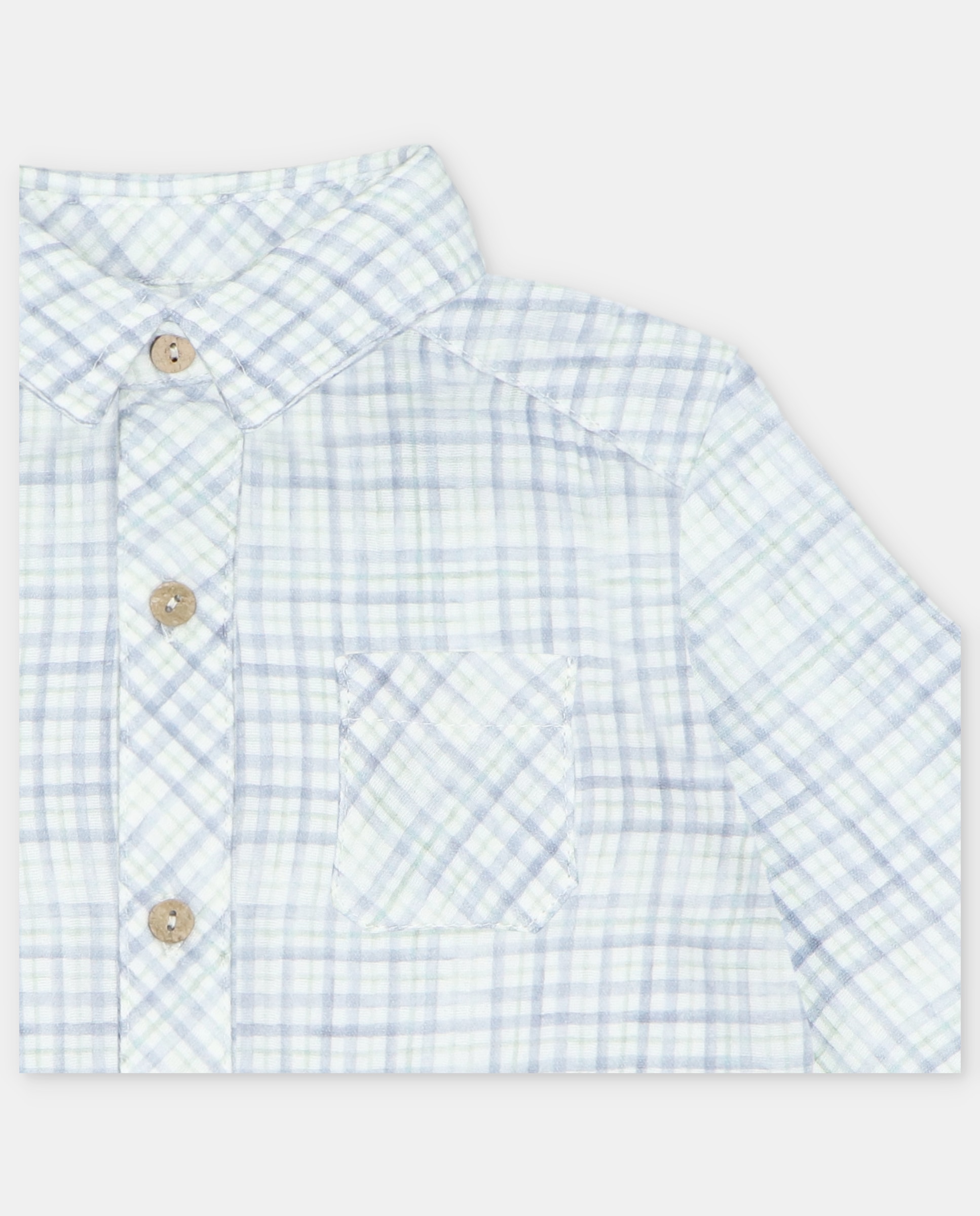 Camisa Infantil de Algodão Microestampada Aos Quadrados com Bolso Azul-3
