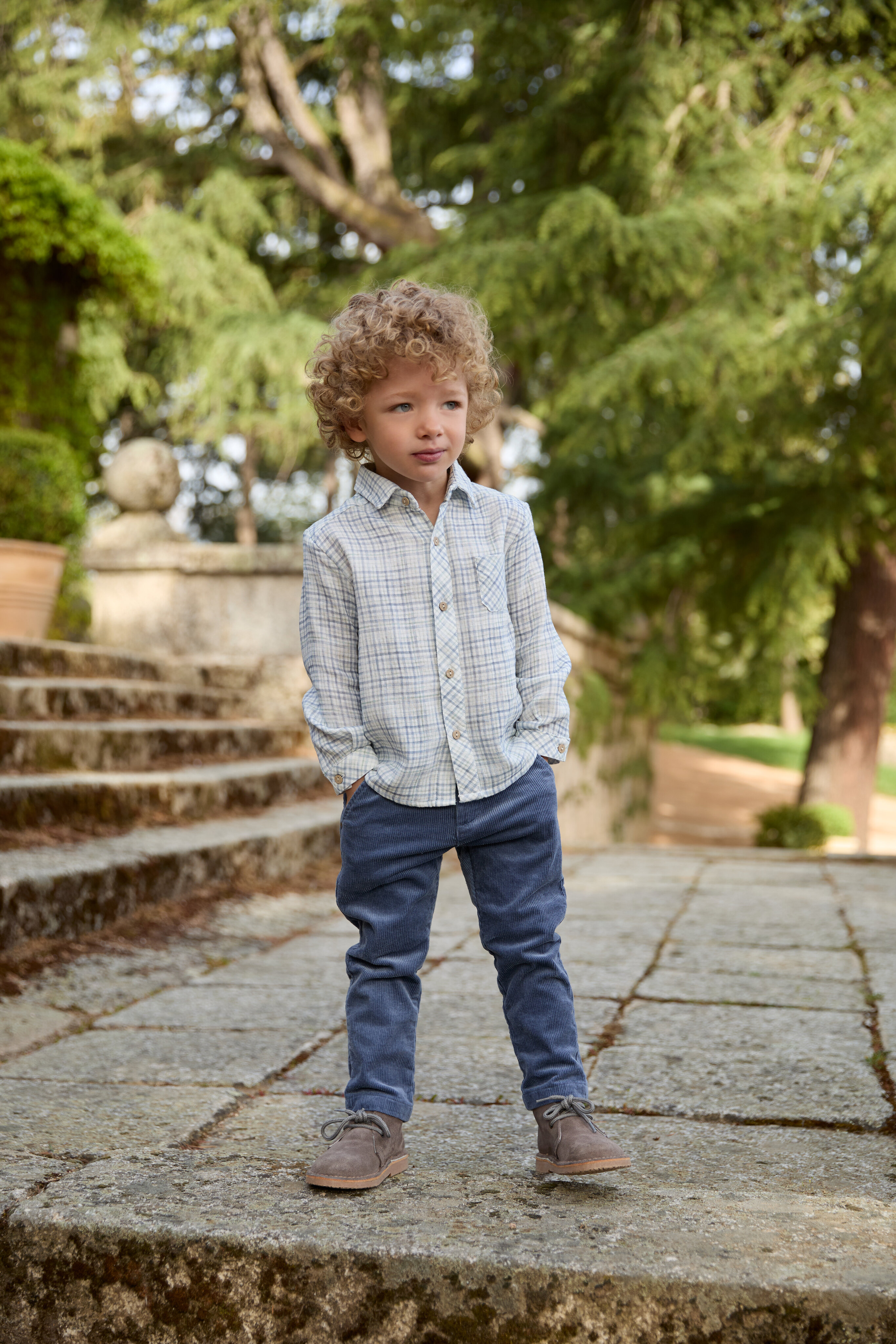 Camisa Infantil de Algodão Microestampada Aos Quadrados com Bolso Azul-4