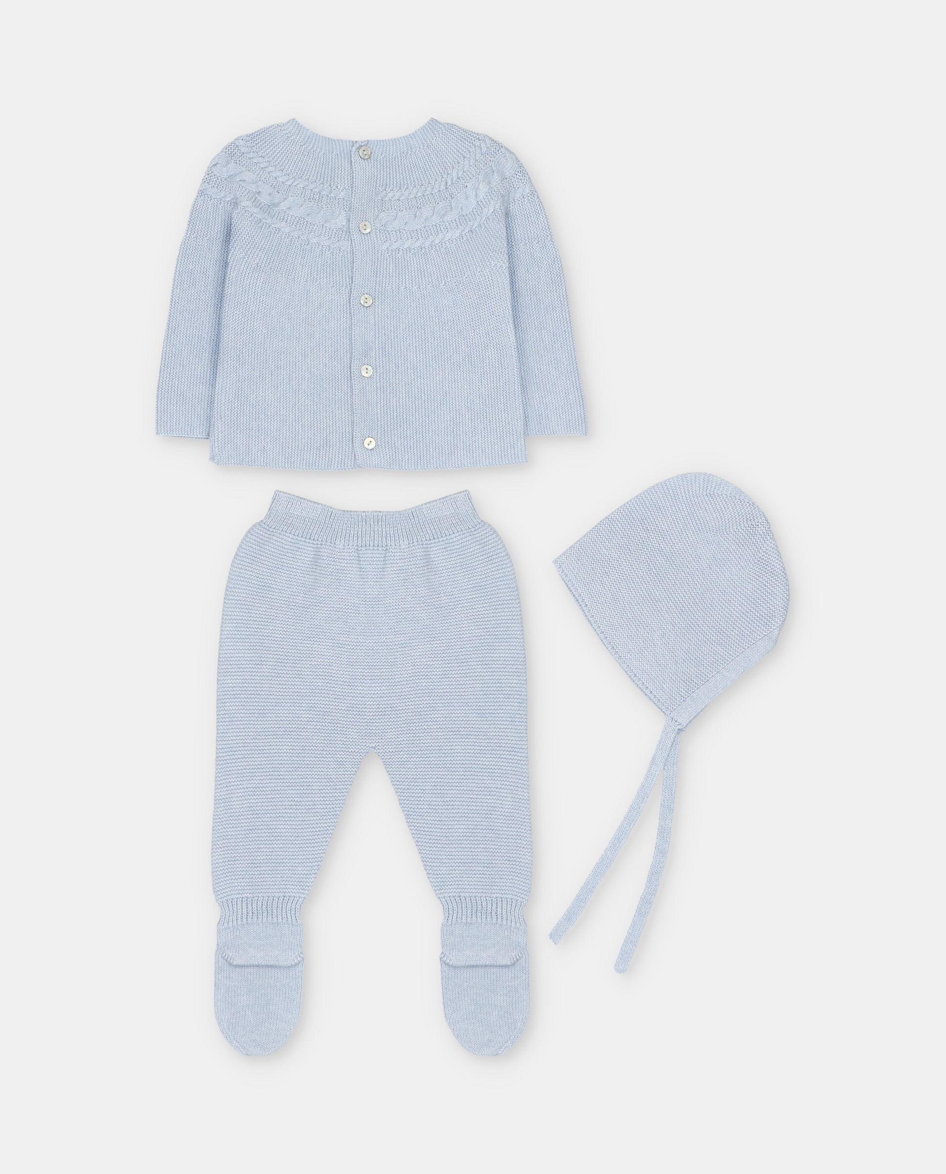 Conjunto para Bebé 3 Peças de Malha Serjada com Detalhes de Tranças Azul-celeste-2