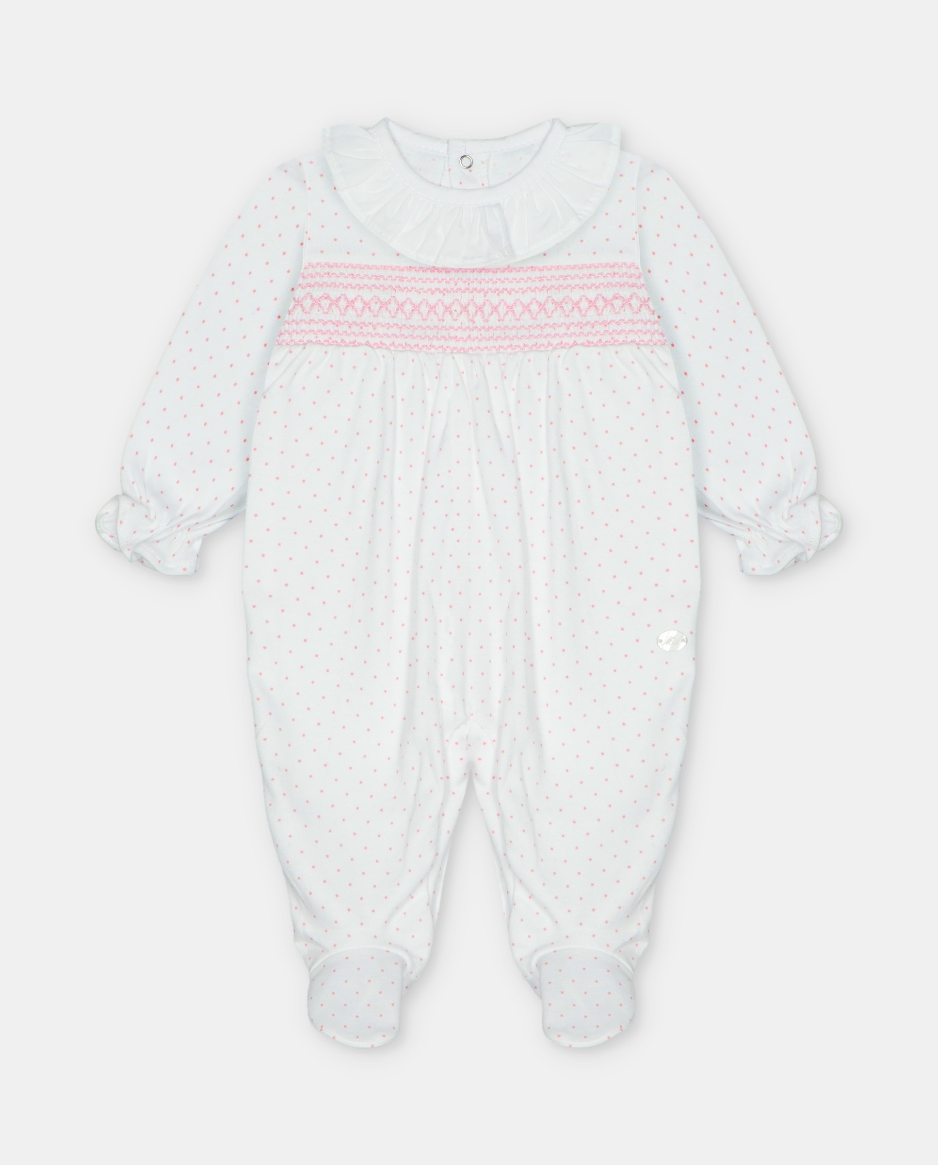 Pijama para Bebé de Interlock com Microestampado de Bolinhas e Peitilho de Malha Smock Rosa-claro-1