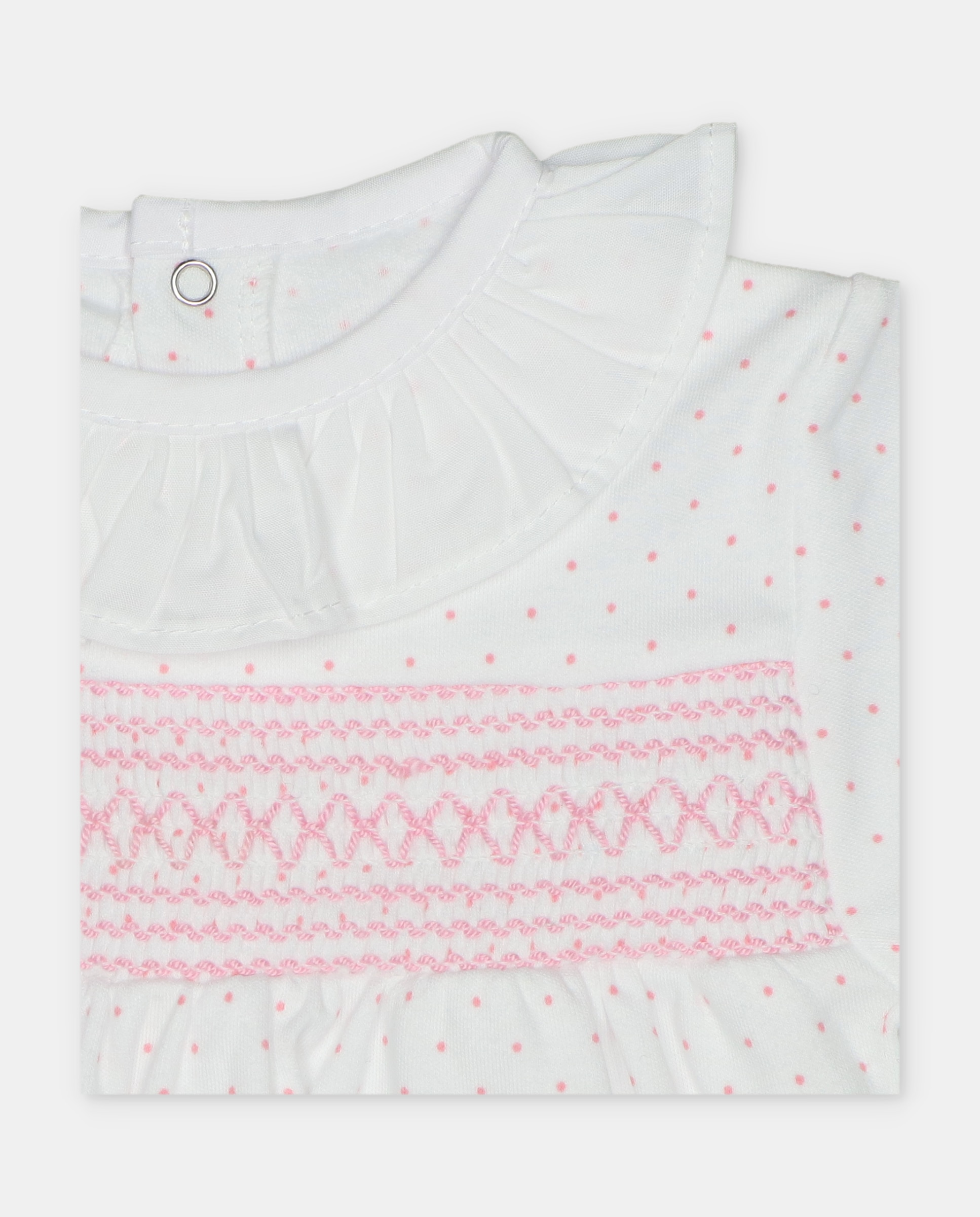 Pijama para Bebé de Interlock com Microestampado de Bolinhas e Peitilho de Malha Smock Rosa-claro-3