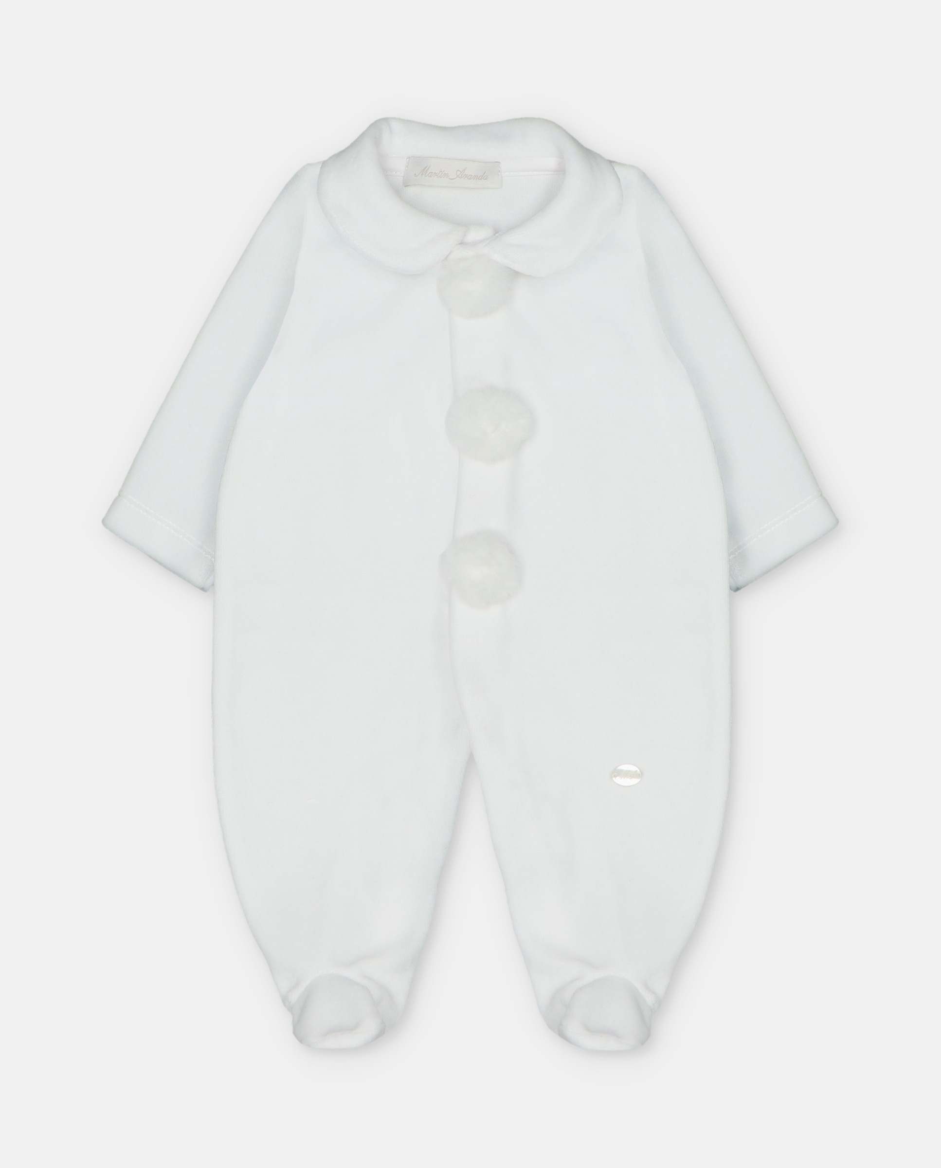 Pijama para Bebé de Veludo com Abertura Frontal e Pompões Branco-1