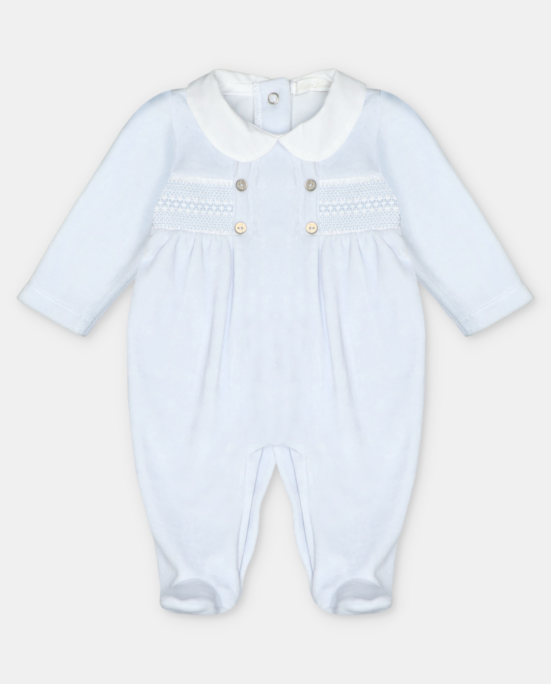 Pijama para Bebé de Veludo com Peitilho em Malha Smock Azul-celeste-1