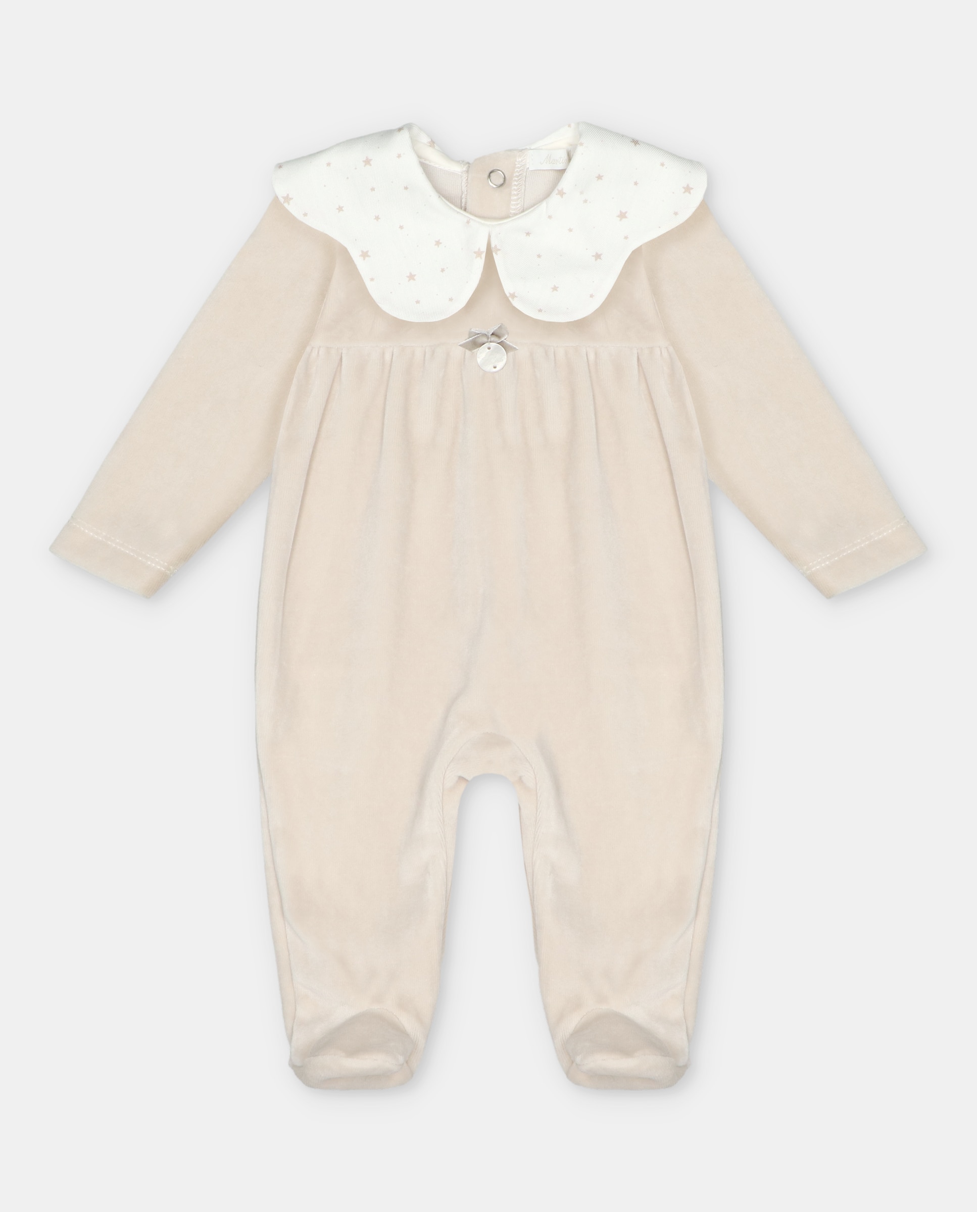 Pijama para Bebé de Veludo com Gola Baberola Microestampado de Estrelas Areia-1