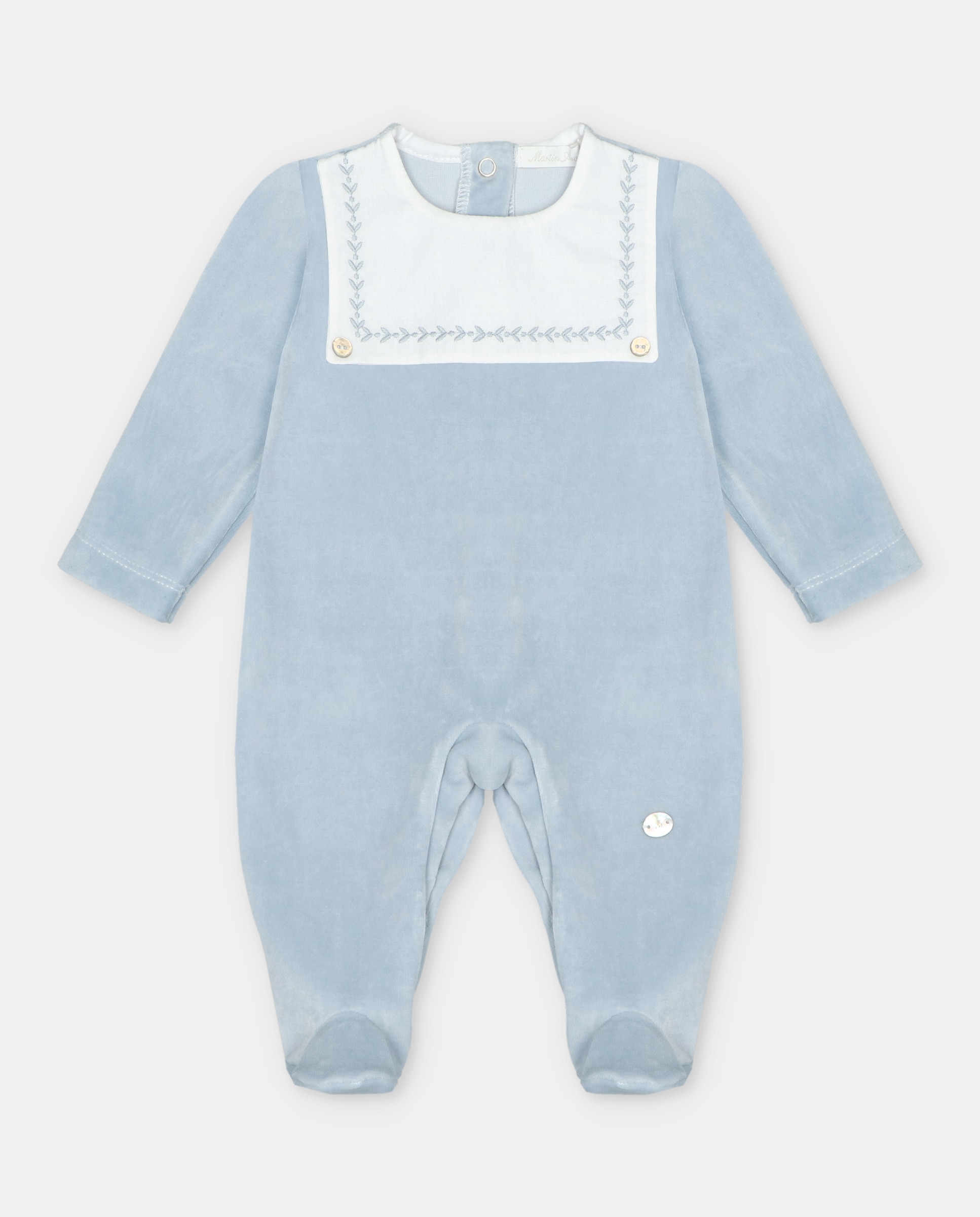 Pijama para Bebé de Veludo com Canesú Bordado Imitação Babete Azul-celeste-1