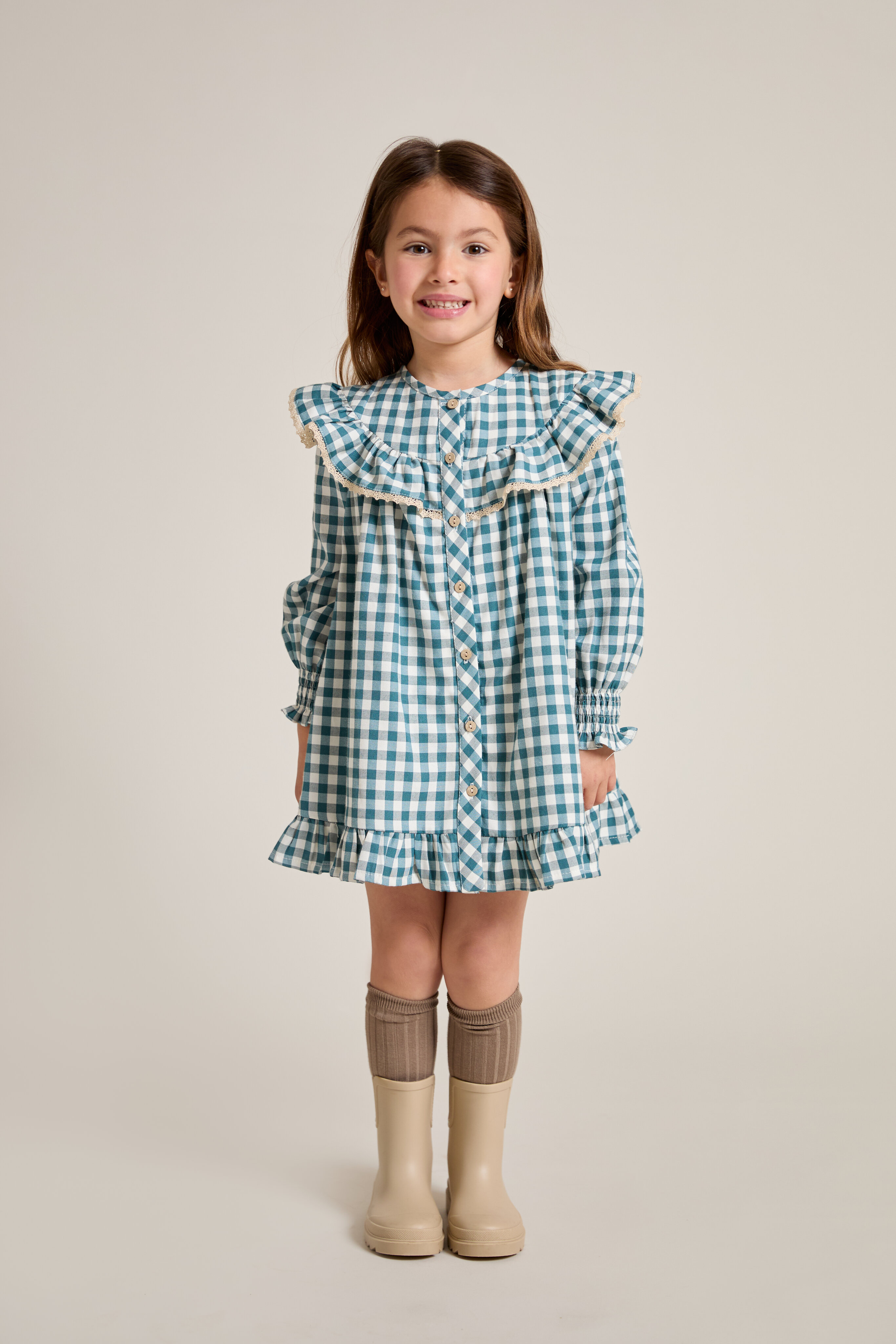 Vestido Infantil de Tecido Estampado Aos Quadrados Verde-4