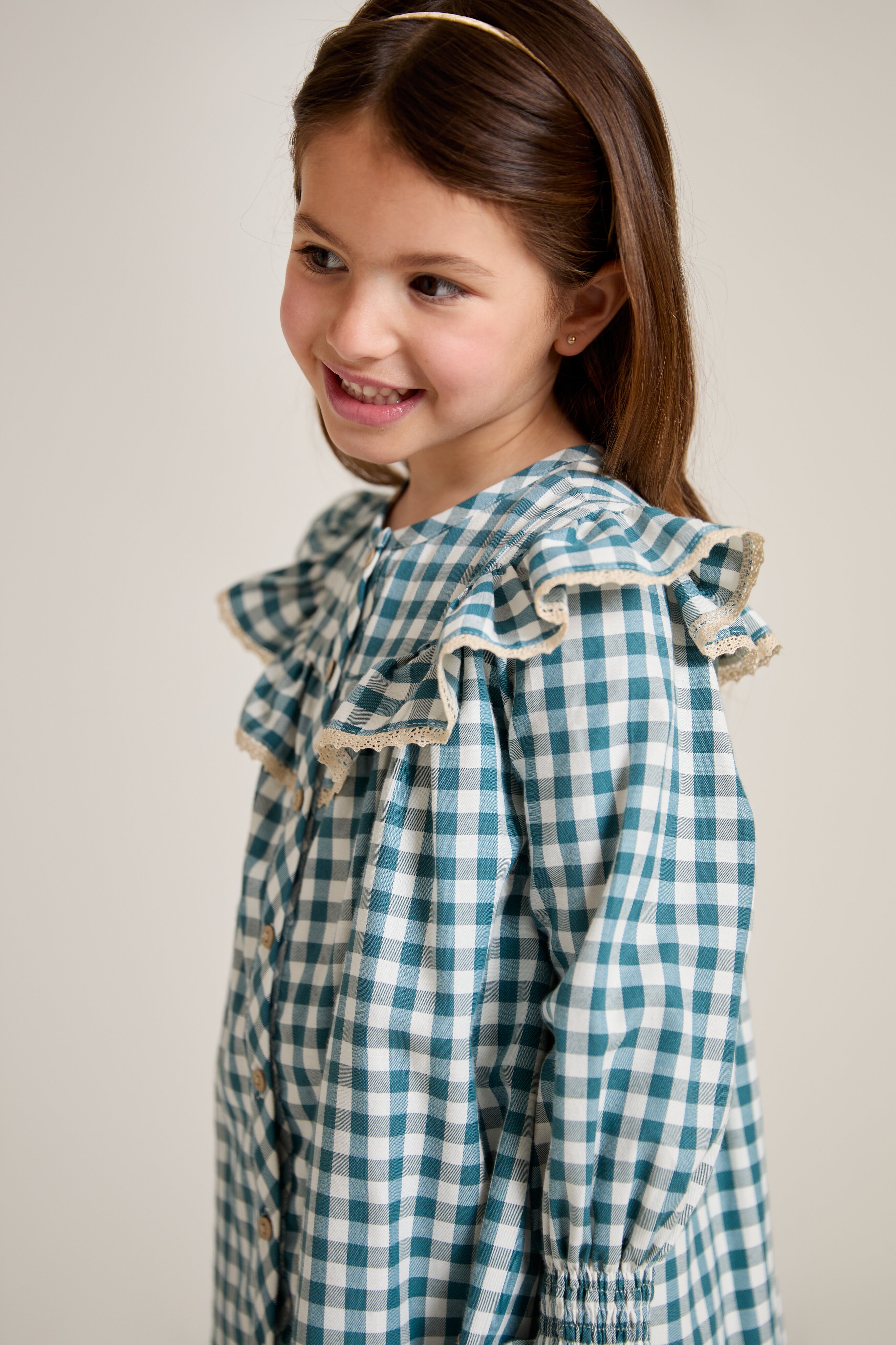 Vestido Infantil de Tecido Estampado Aos Quadrados Verde-5