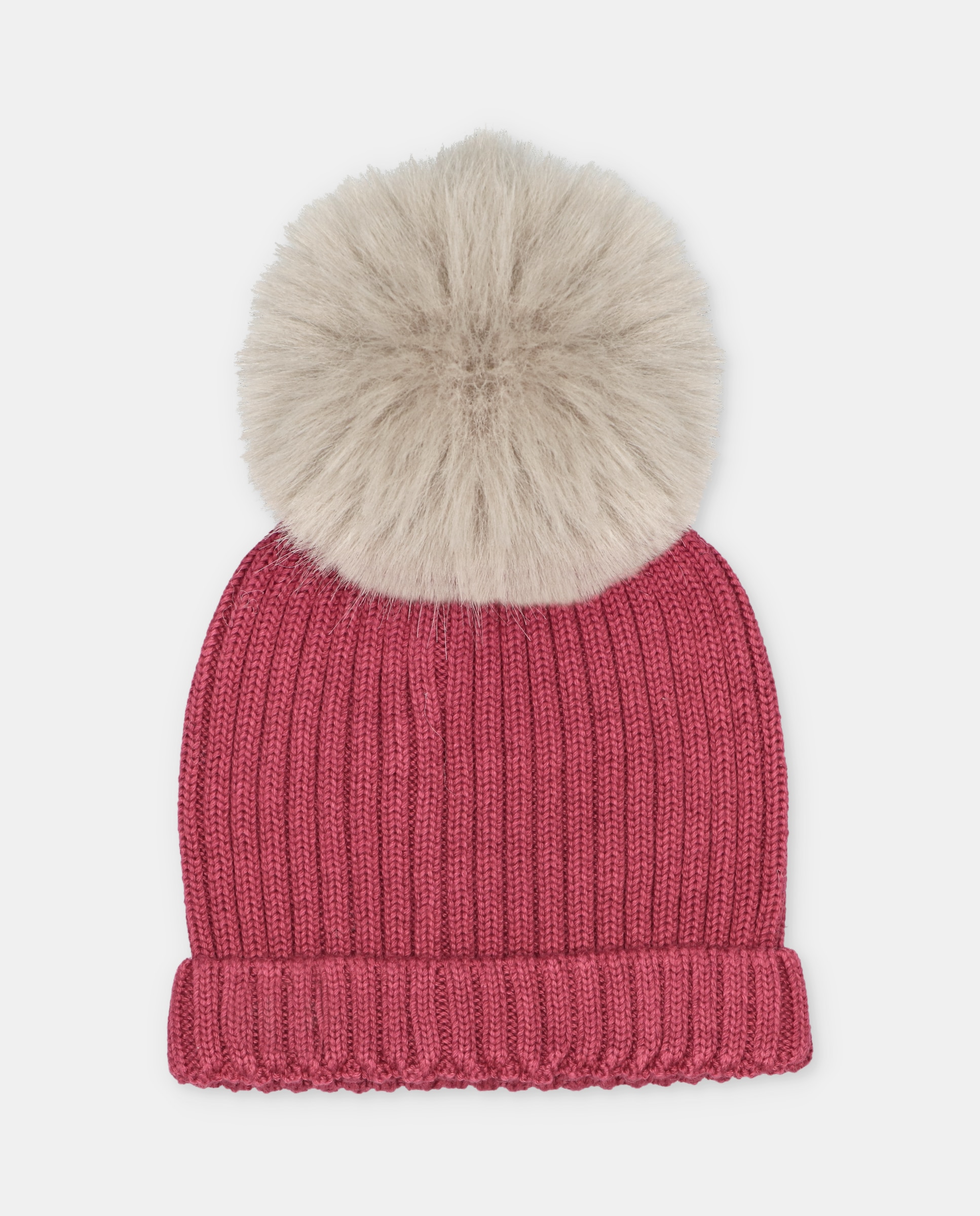 Chapéu para Bebés de Malha Canelada com Pompom de Pelo Bordeaux-2