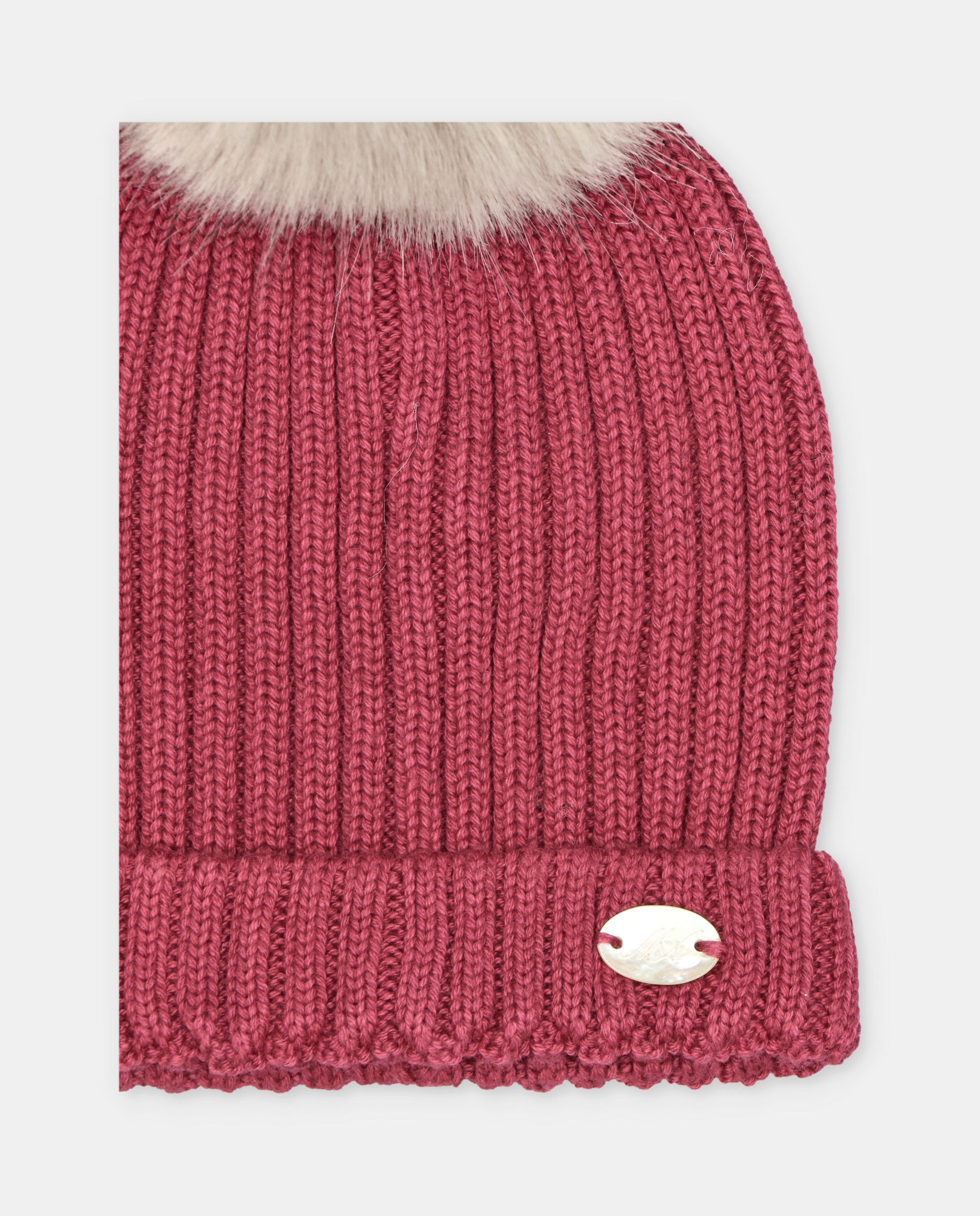 Chapéu para Bebés de Malha Canelada com Pompom de Pelo Bordeaux-3