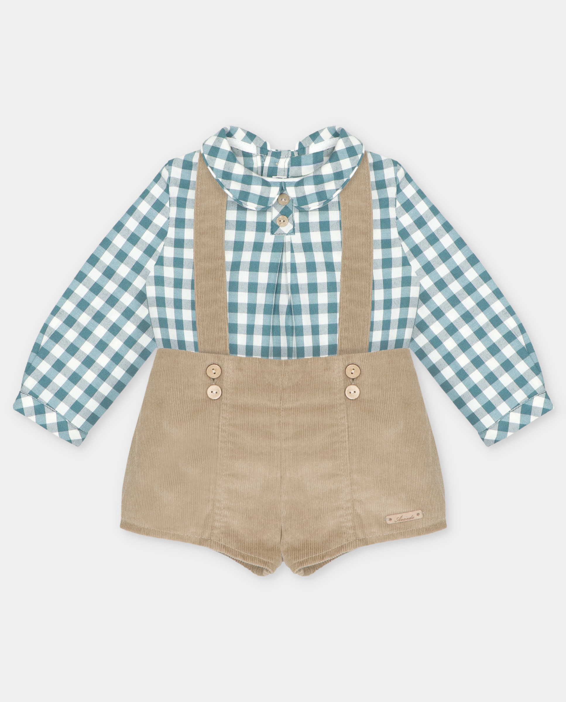 Imagem 0 de Conjunto para Bebé de Camisa Estampada Aos Quadrados e Calções com Alças de Microbombazina