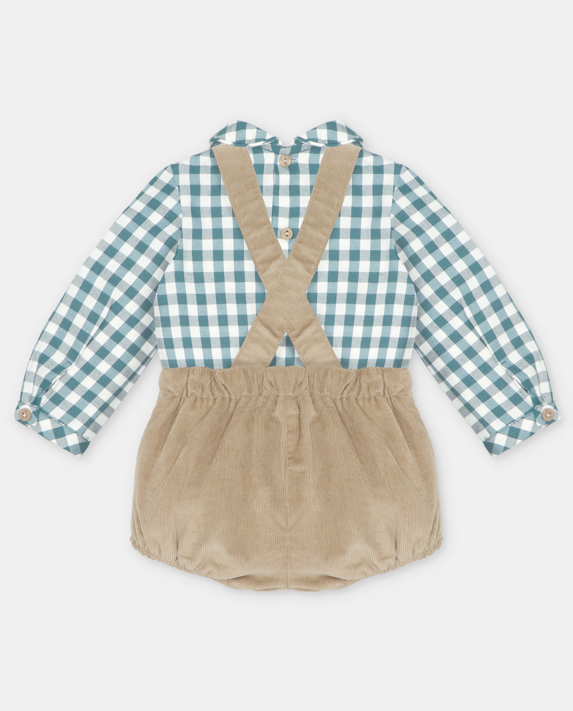Conjunto para Bebé de Camisa Estampada Aos Quadrados e Calções com Alças de Microbombazina Verde-2
