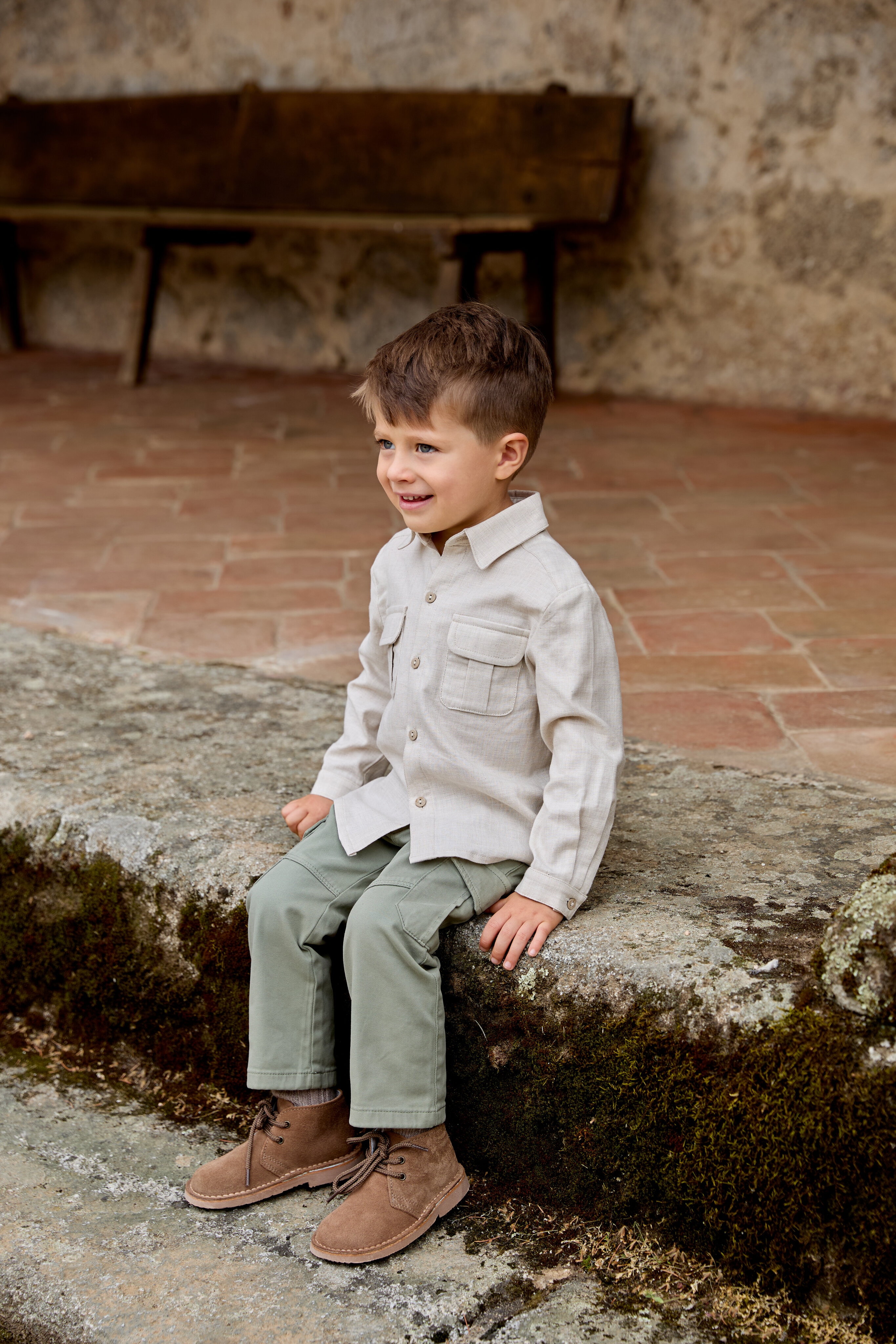 Camisa Infantil de Algodão com Bolsos Areia-5