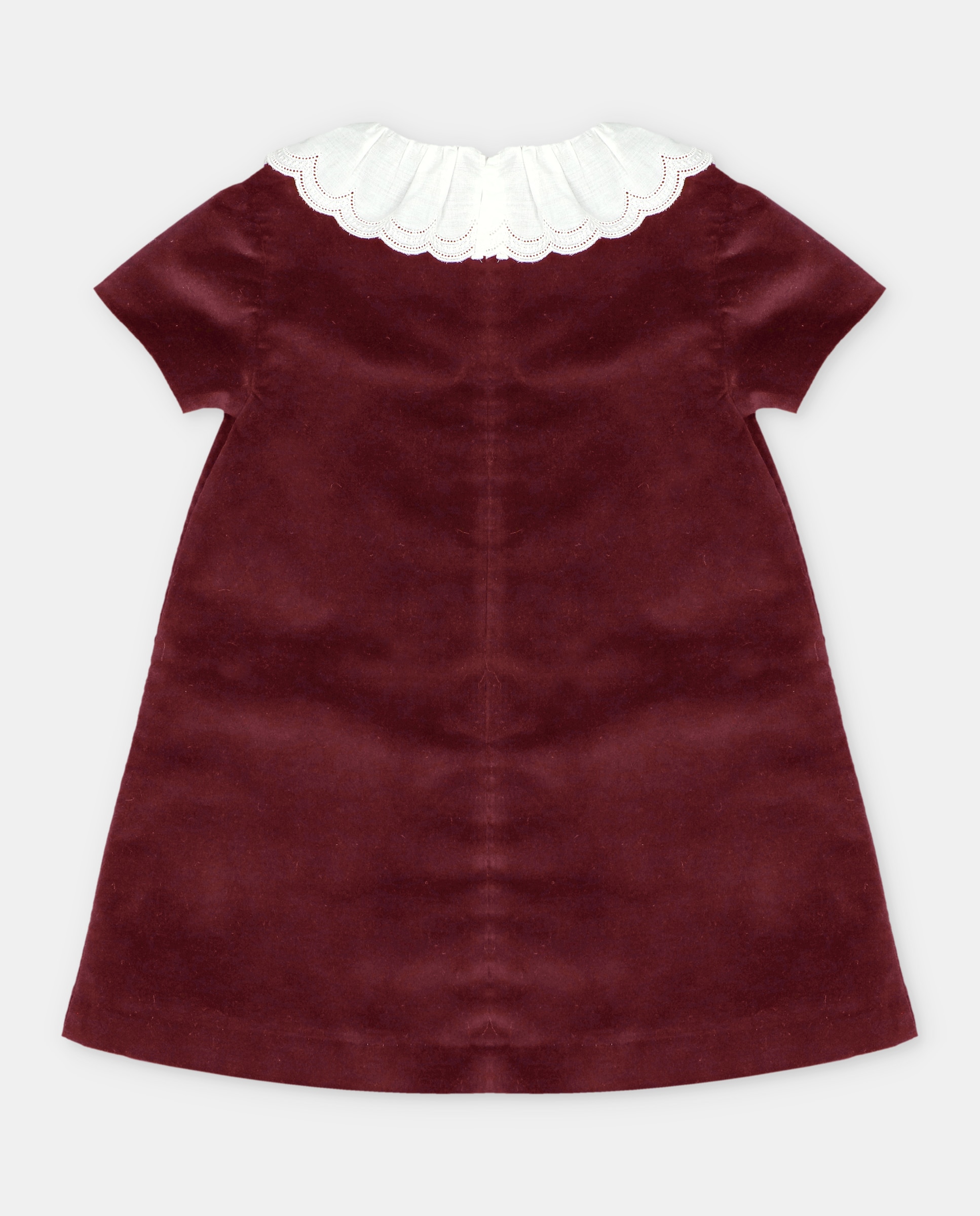 Vestido Infantil de Manga Curta de Tecido com Bolsos Decorativos Bordeaux-2