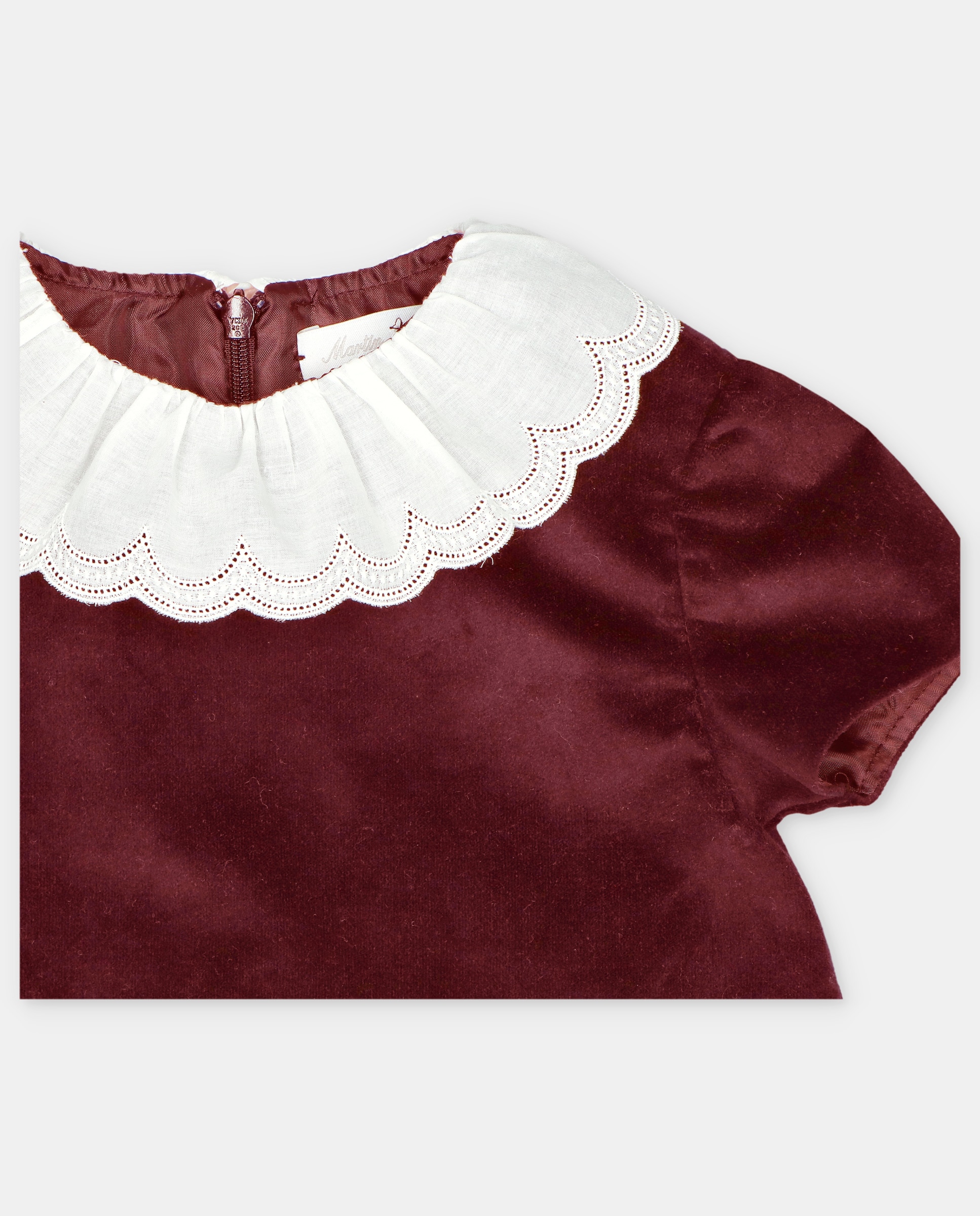Vestido Infantil de Manga Curta de Tecido com Bolsos Decorativos Bordeaux-3