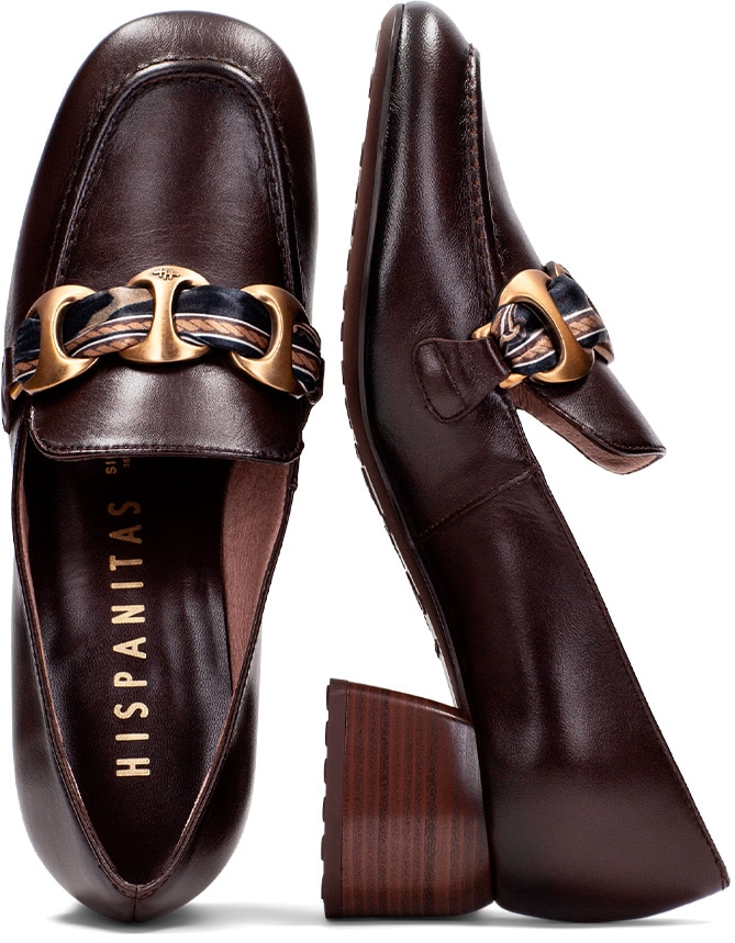 Mocassins de Pele com Detalhe de Corrente Castanho-5