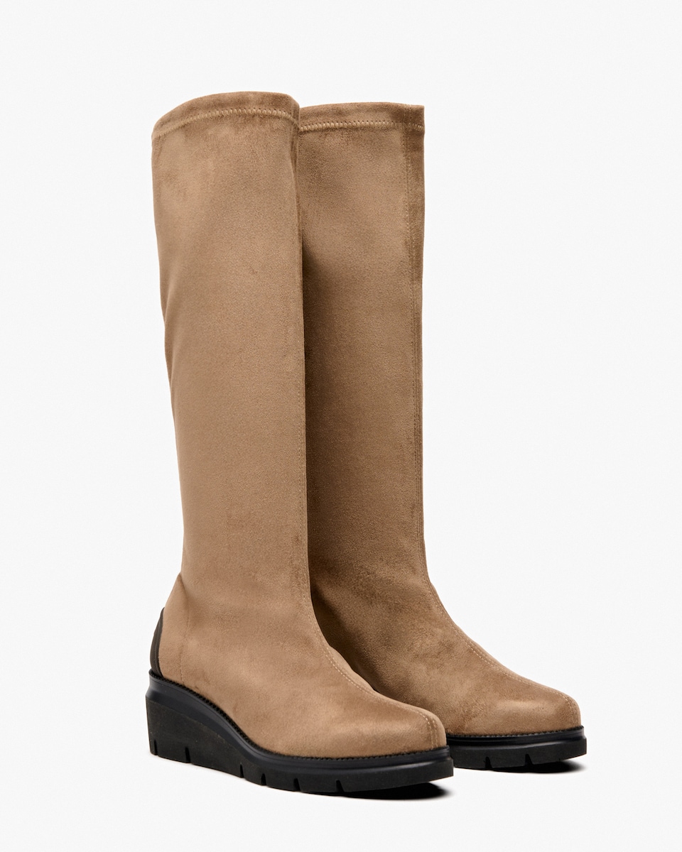 Botas de Tecido Elástico Efeito Camurça com Cunha Castanho-claro-2