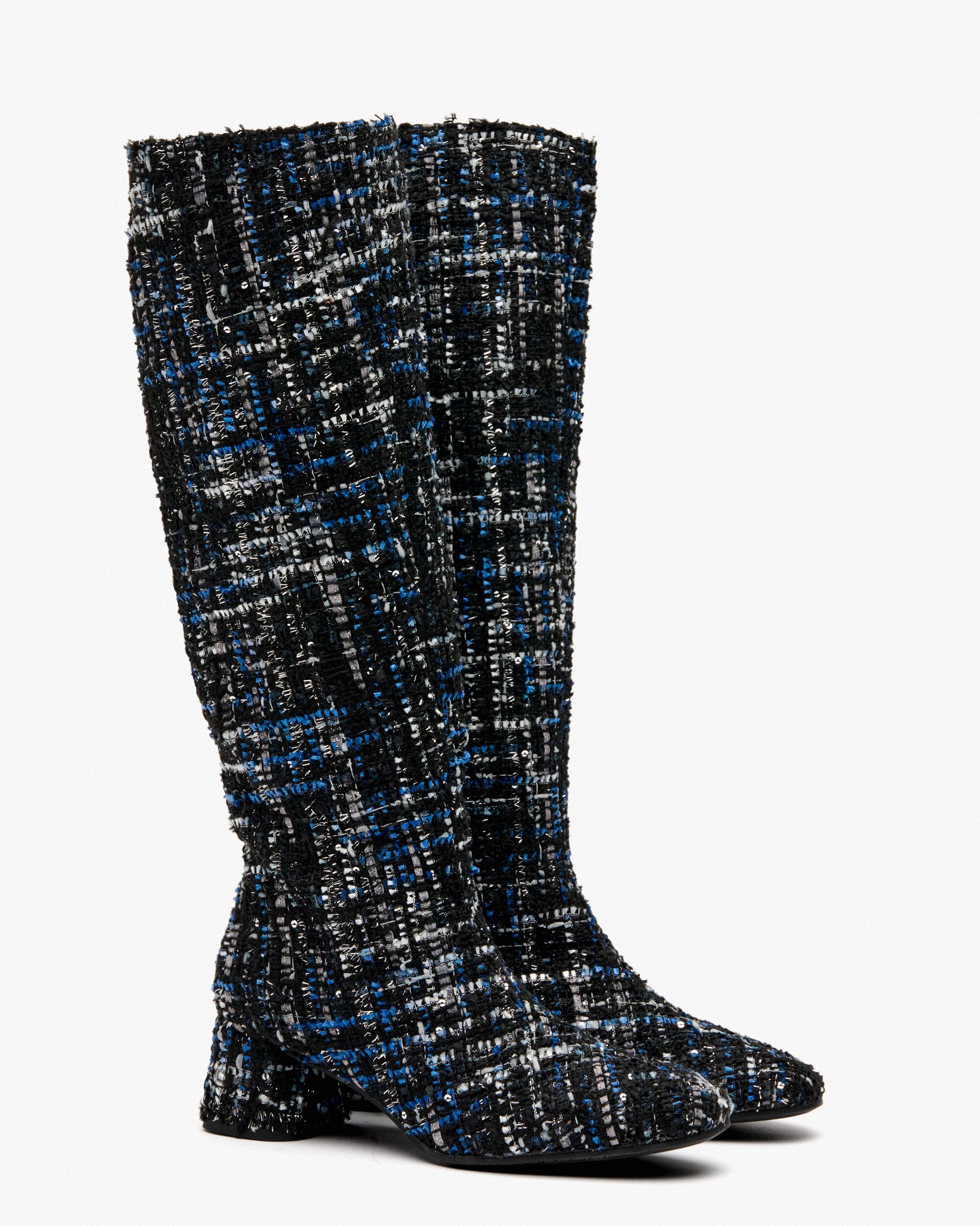 Botas com Salto de Tecido Efeito Tweed Preto / Azul-2