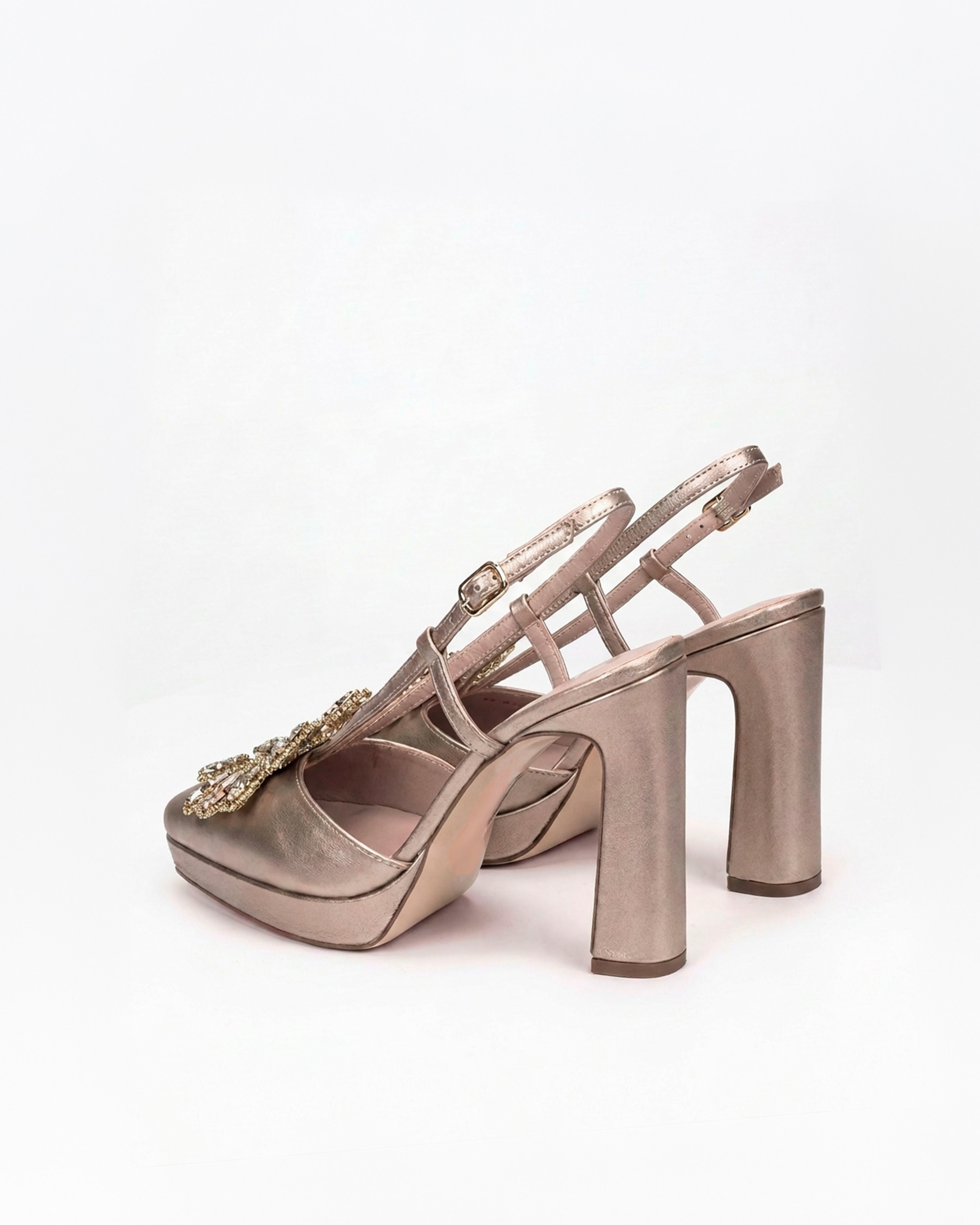 Sapatos de Salto com o Calcanhar Aberto e Adorno de Pedraria Ouro-2