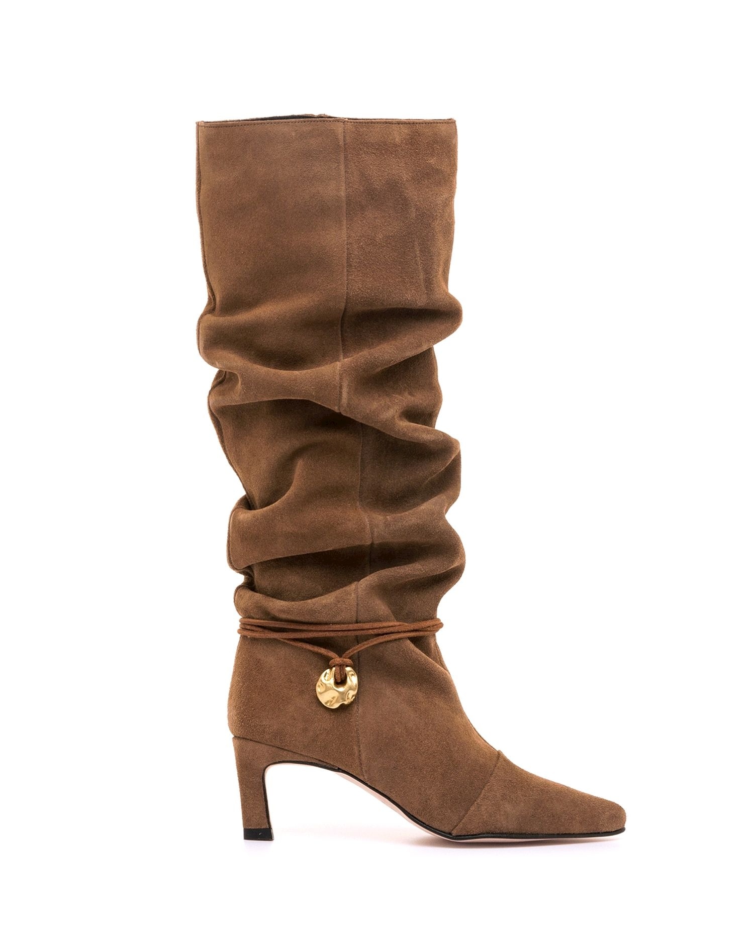 Botas Básicas Altas em Pele de Camurça e Cano Franzido Camel-1