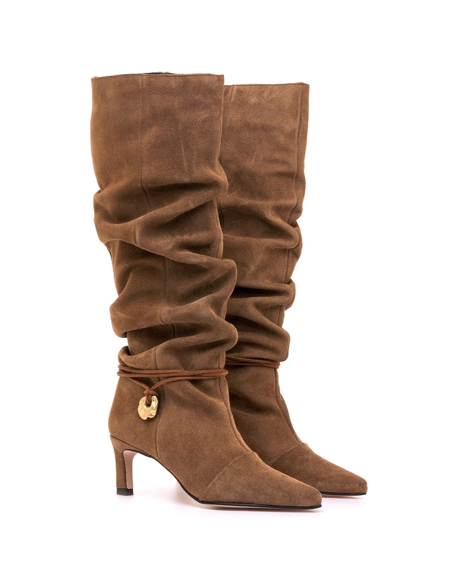 Botas Básicas Altas em Pele de Camurça e Cano Franzido Camel-3