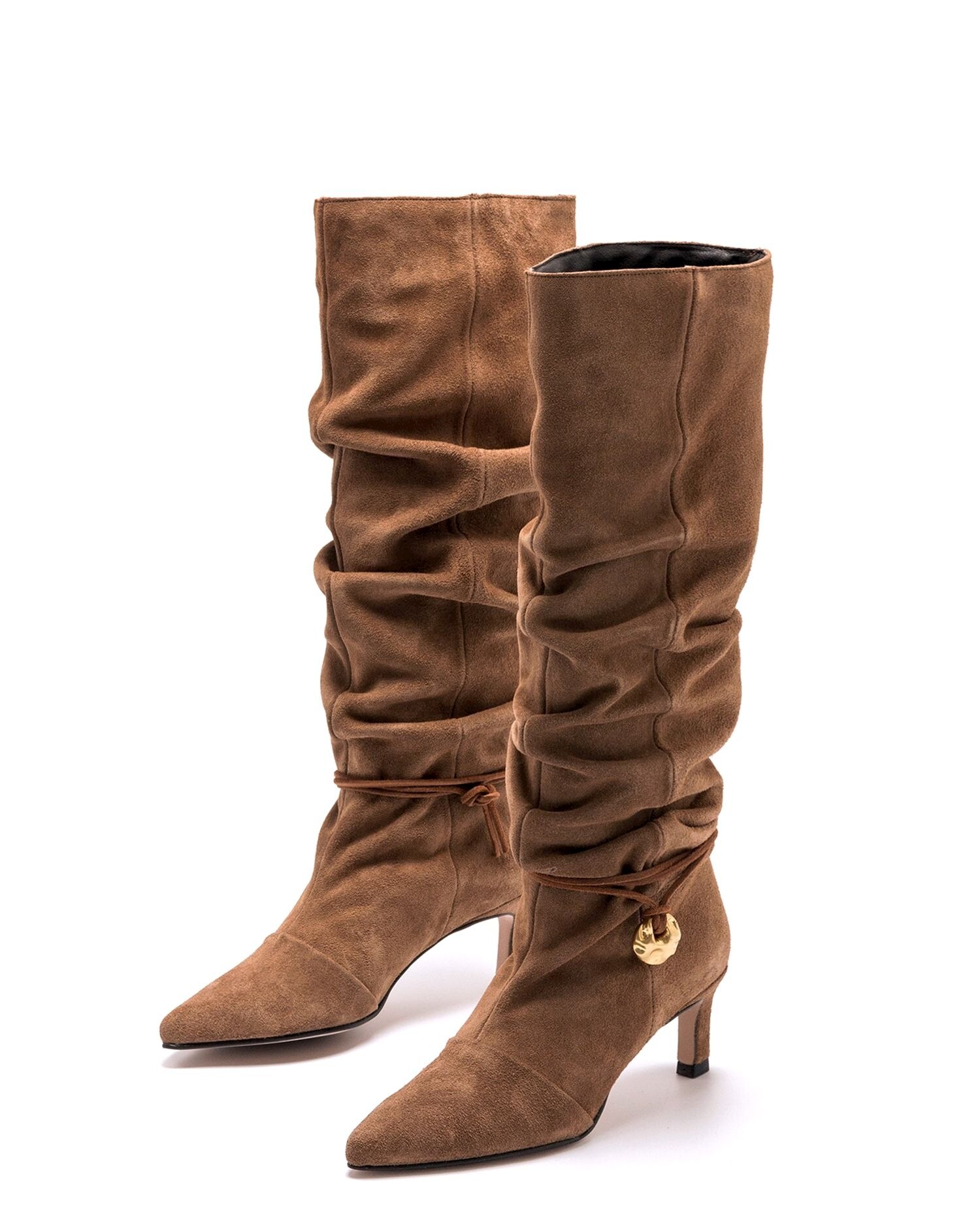 Botas Básicas Altas em Pele de Camurça e Cano Franzido Camel-4