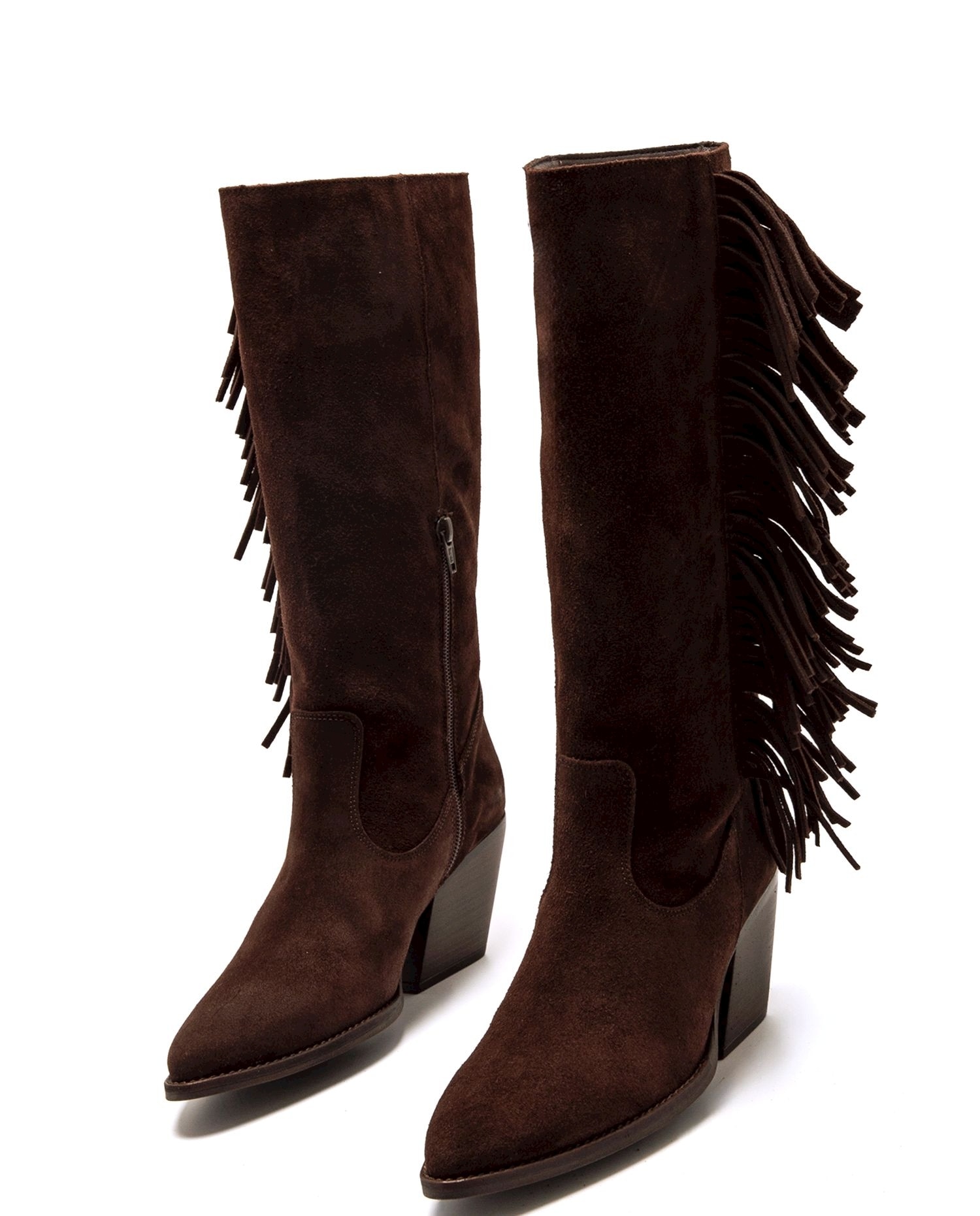 Botas Altas de Pele com Tacão Cowboy Avelã-4