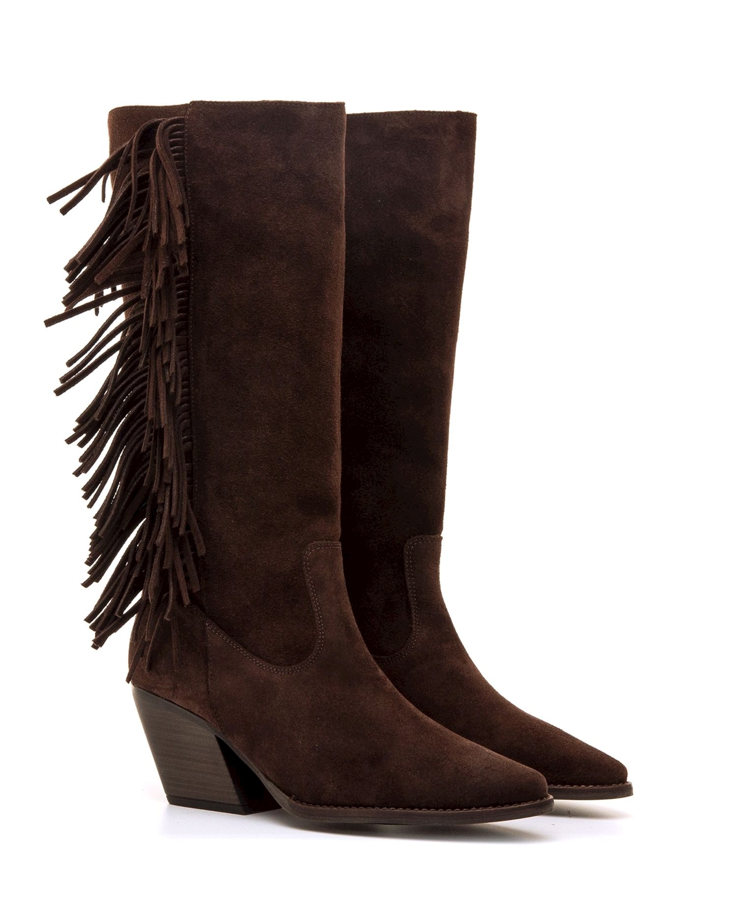 Botas Altas de Pele com Tacão Cowboy Avelã-5