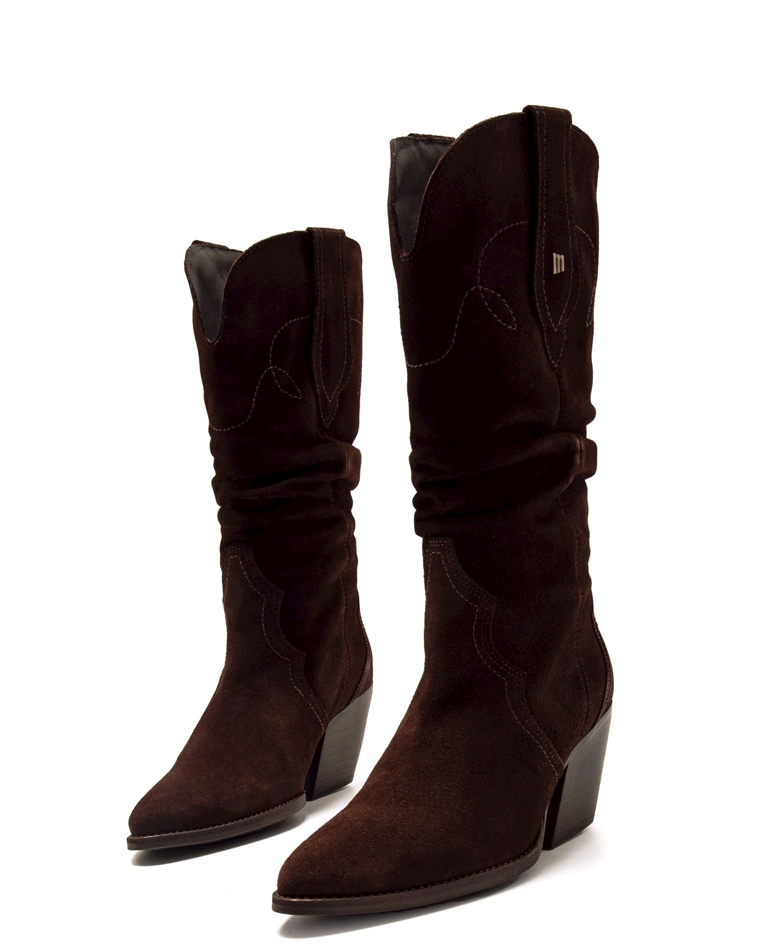 Botas Altas de Pele com Tacão Cowboy Avelã-4