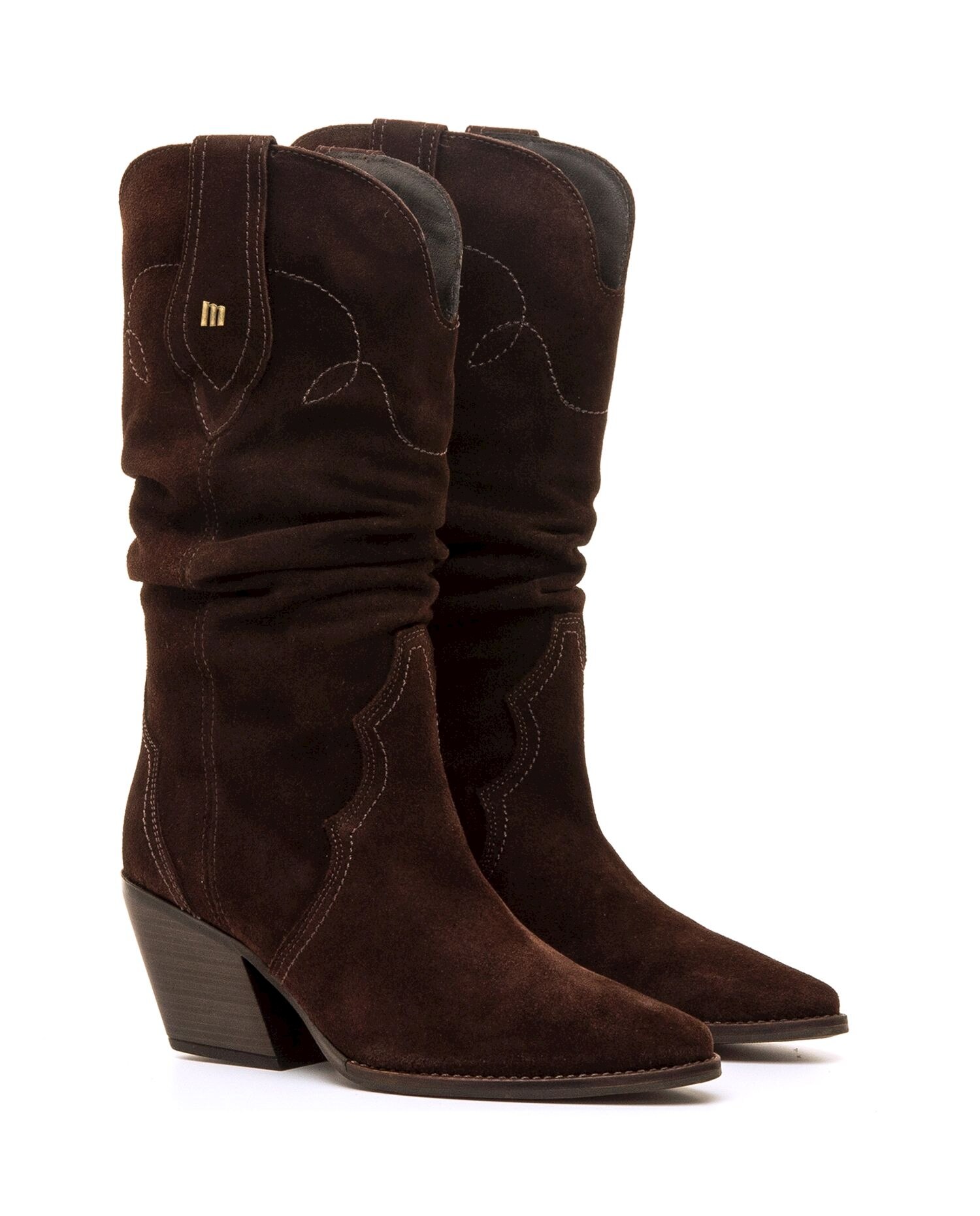 Botas Altas de Pele com Tacão Cowboy Avelã-5