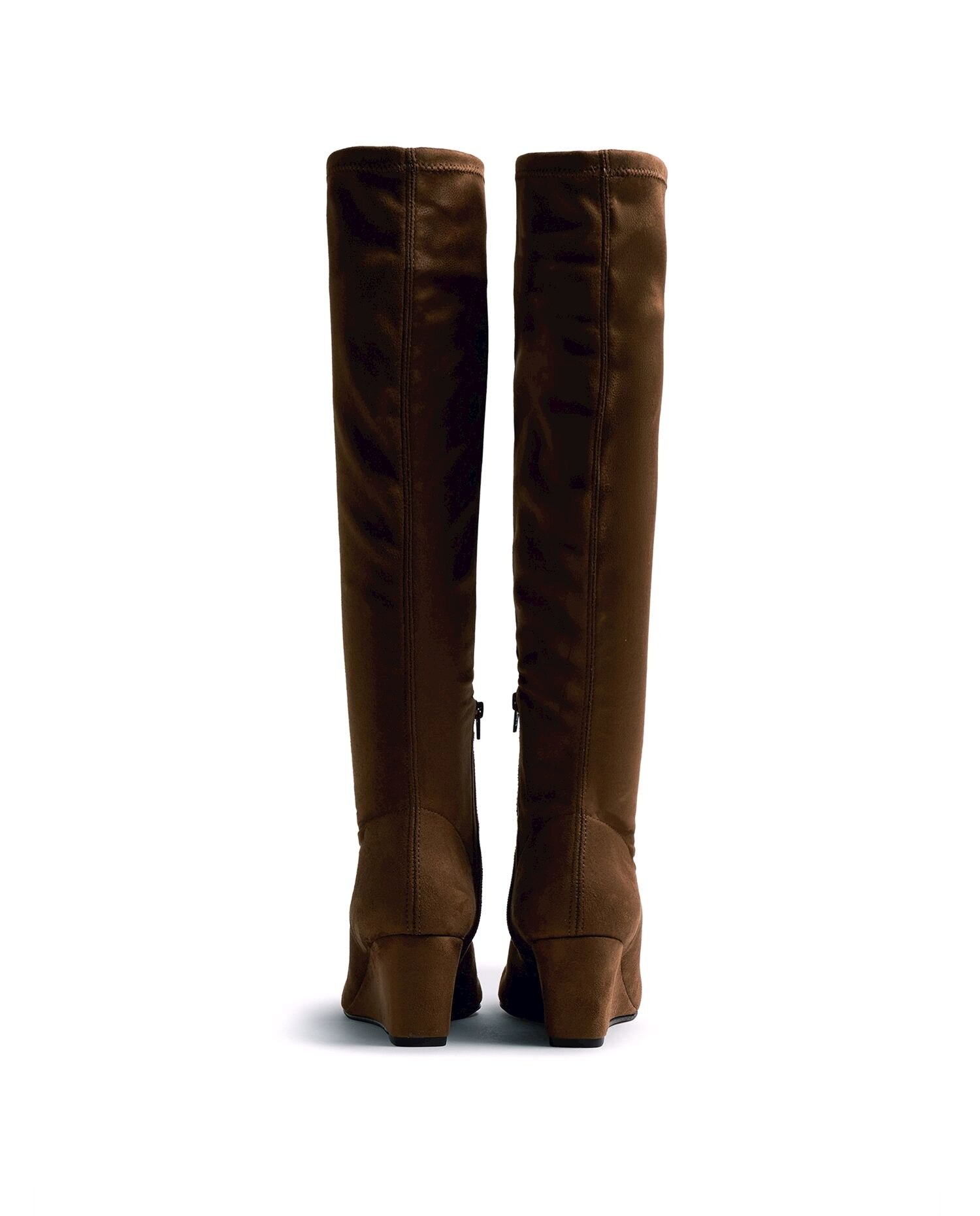 Botas Altas com Cunha e Tecido Stretch Camel-3