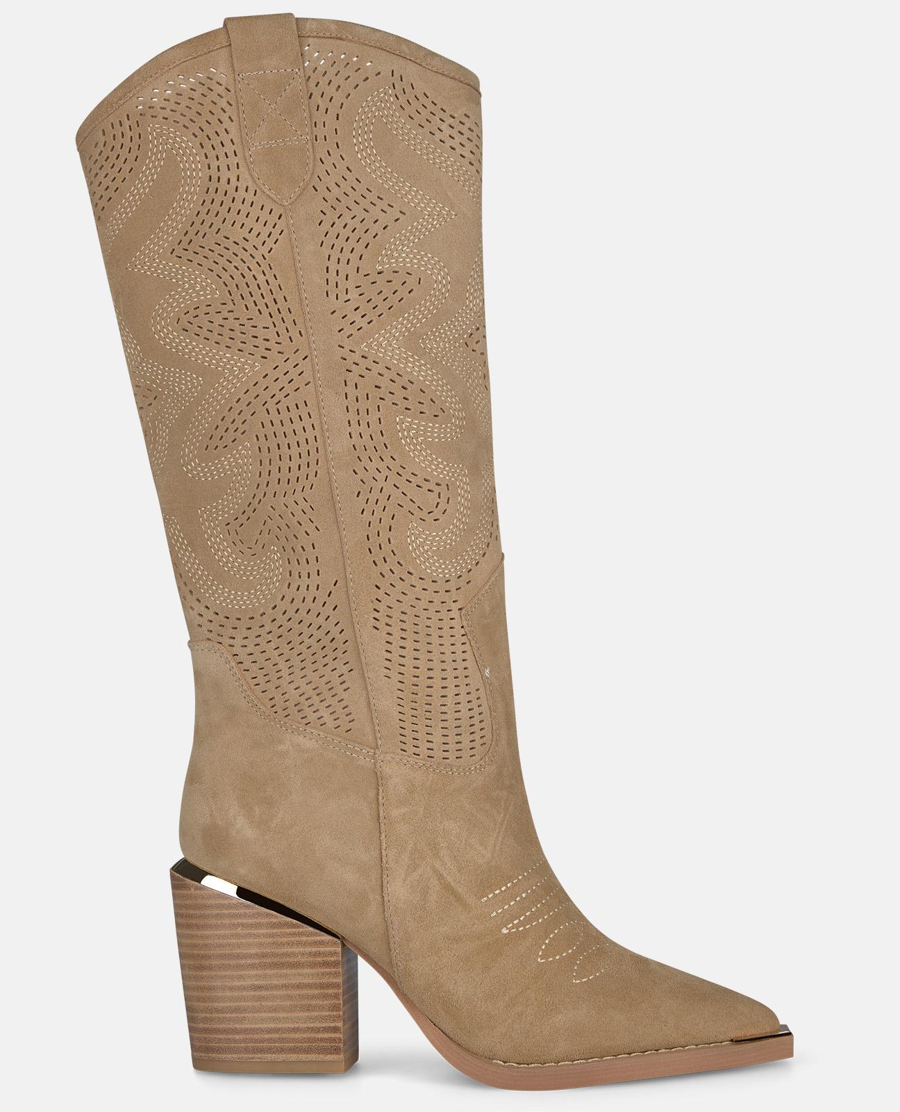 Botas Cowboy em Pele com Detalhe Metálico no Tacão Areia-1